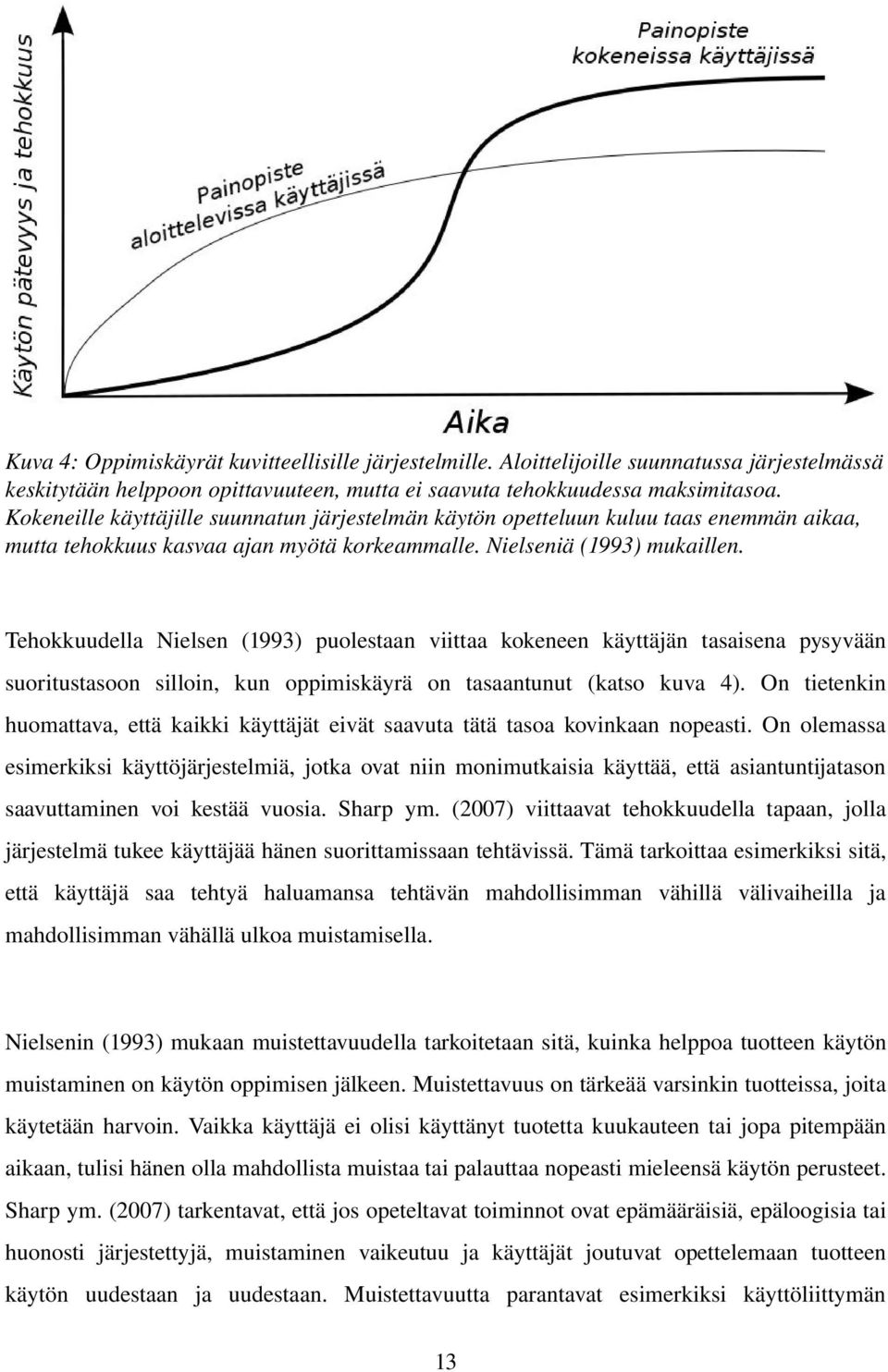 Tehokkuudella Nielsen (1993) puolestaan viittaa kokeneen käyttäjän tasaisena pysyvään suoritustasoon silloin, kun oppimiskäyrä on tasaantunut (katso kuva 4).