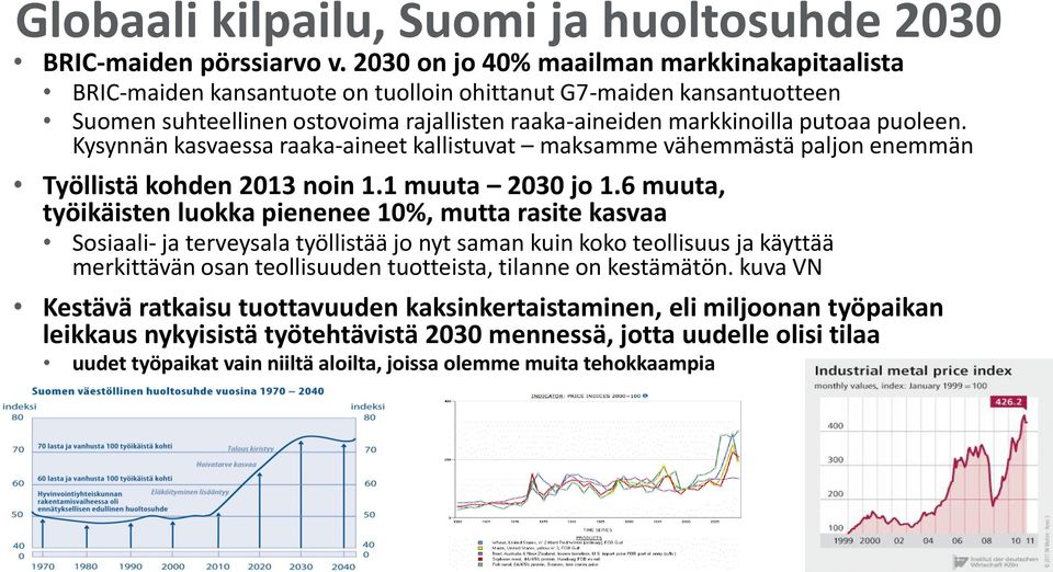 puoleen. Kysynnän kasvaessa raaka-aineet kallistuvat maksamme vähemmästä paljon enemmän Työllistä kohden 2013 noin 1.1 muuta 2030 jo 1.