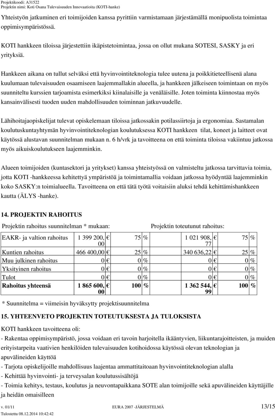 Hankkeen aikana on tullut selväksi että hyvinvointiteknologia tulee uutena ja poikkitieteellisenä alana kuulumaan tulevaisuuden osaamiseen laajemmallakin alueella, ja hankkeen jälkeiseen toimintaan