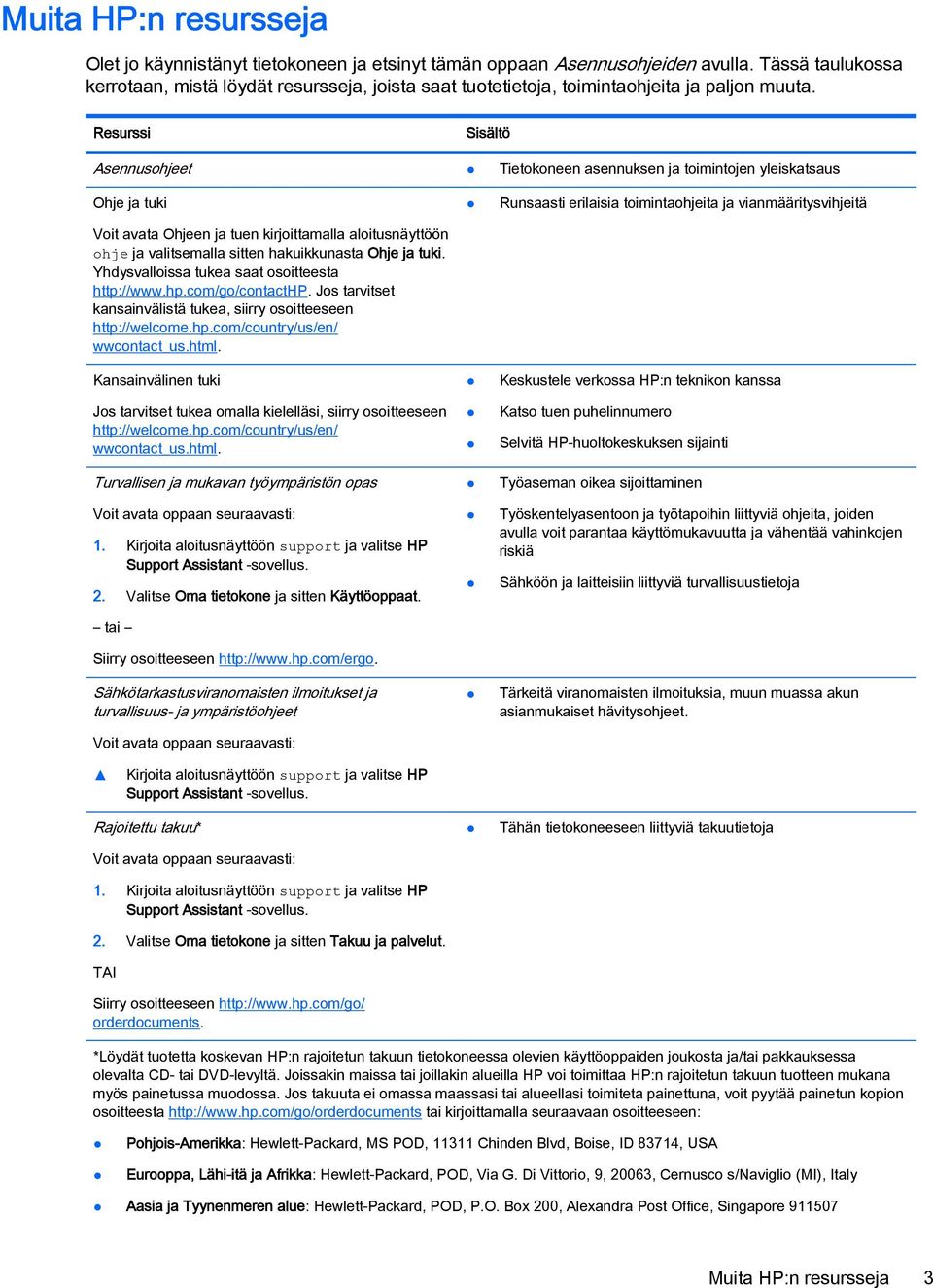 Resurssi Sisältö Asennusohjeet Tietokoneen asennuksen ja toimintojen yleiskatsaus Ohje ja tuki Voit avata Ohjeen ja tuen kirjoittamalla aloitusnäyttöön ohje ja valitsemalla sitten hakuikkunasta Ohje