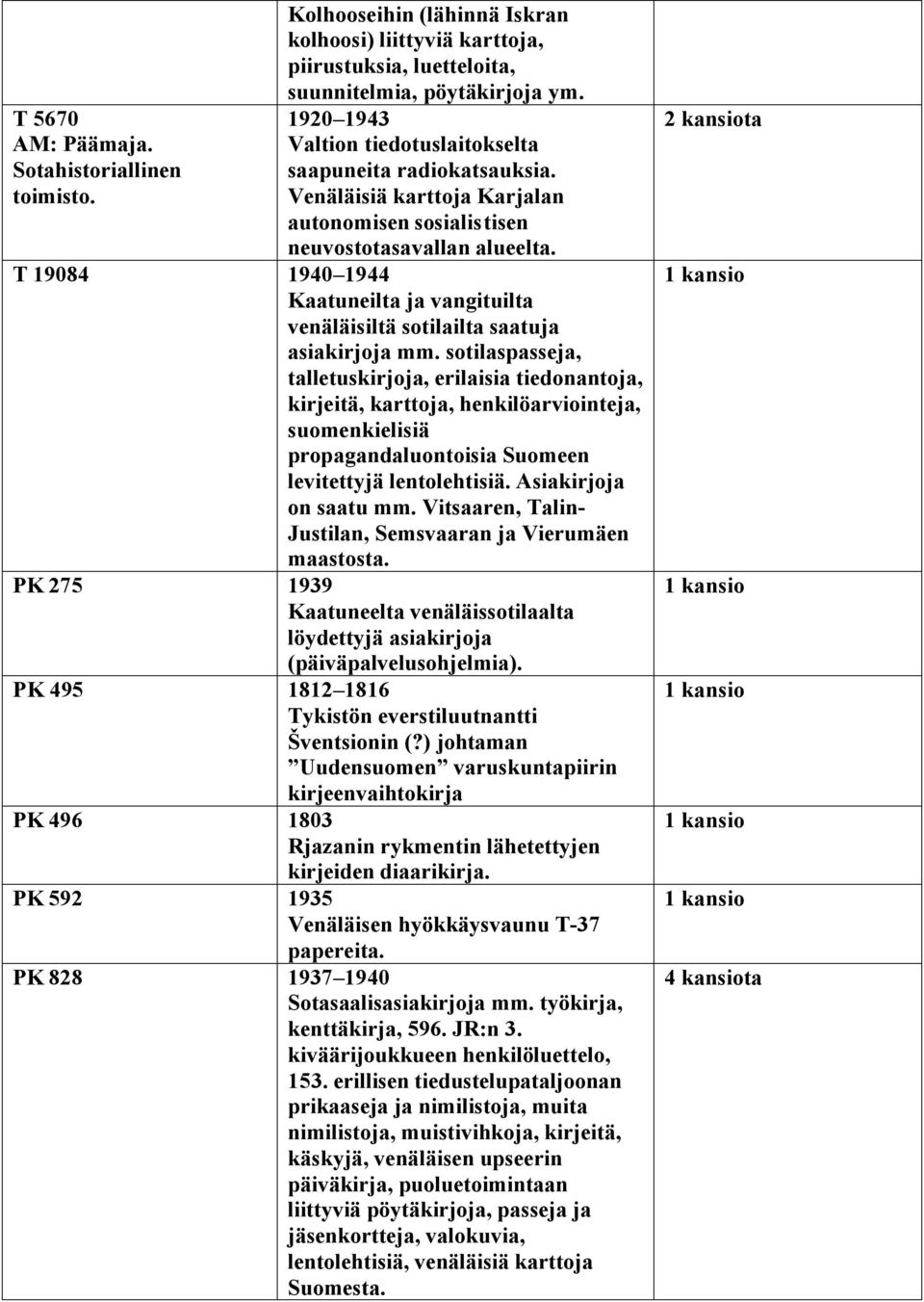 T 19084 1940 1944 Kaatuneilta ja vangituilta venäläisiltä sotilailta saatuja asiakirjoja mm.