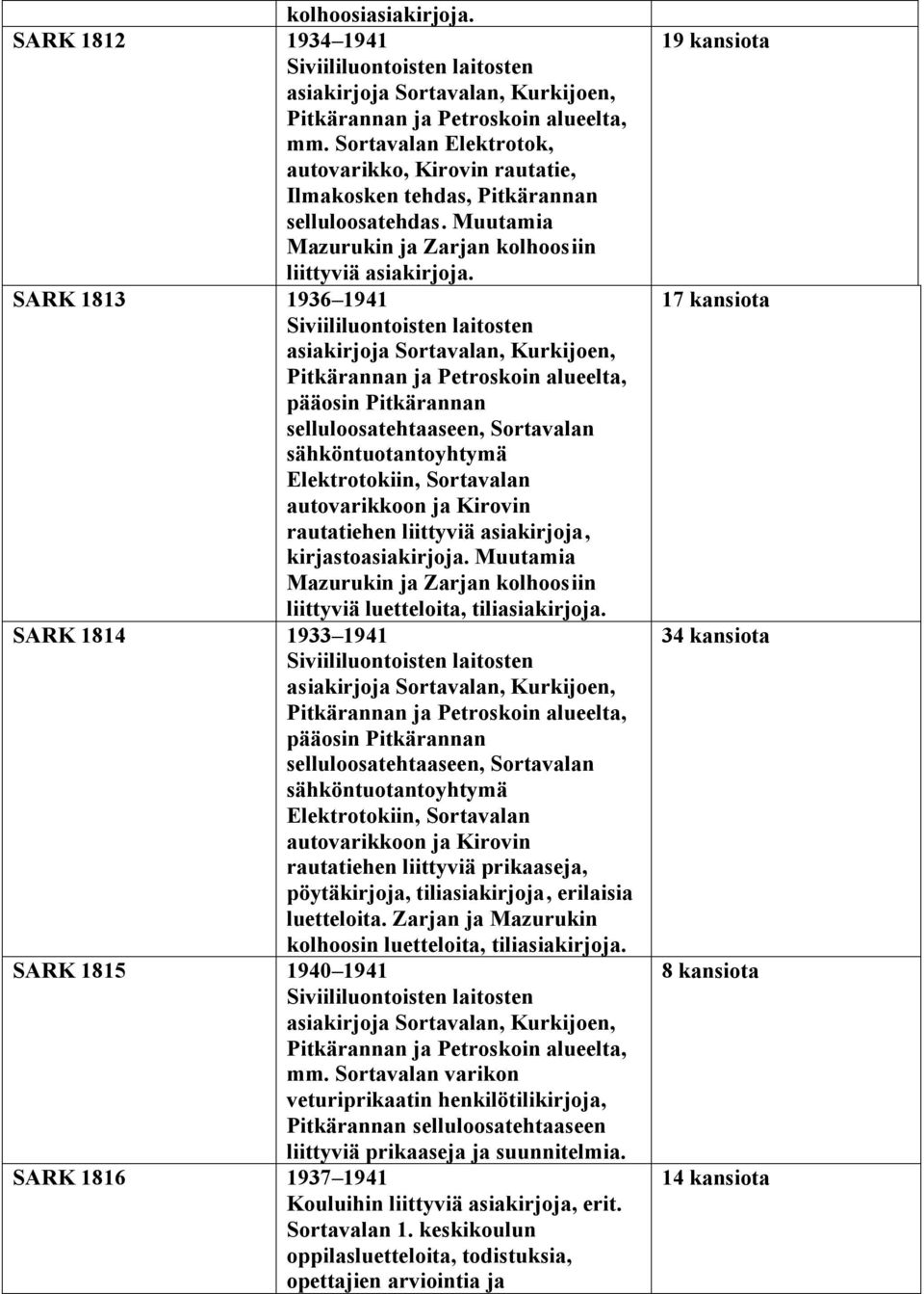 SARK 1813 1936 1941 Siviililuontoisten laitosten asiakirjoja Sortavalan, Kurkijoen, Pitkärannan ja Petroskoin alueelta, pääosin Pitkärannan selluloosatehtaaseen, Sortavalan sähköntuotantoyhtymä