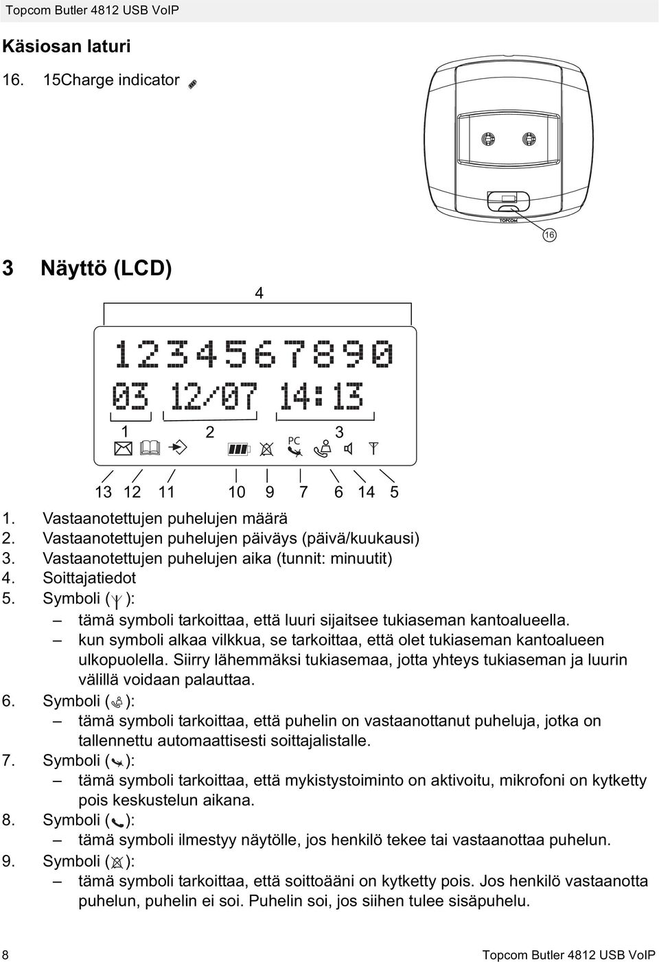 kun symboli alkaa vilkkua, se tarkoittaa, että olet tukiaseman kantoalueen ulkopuolella. Siirry lähemmäksi tukiasemaa, jotta yhteys tukiaseman ja luurin välillä voidaan palauttaa. 6.