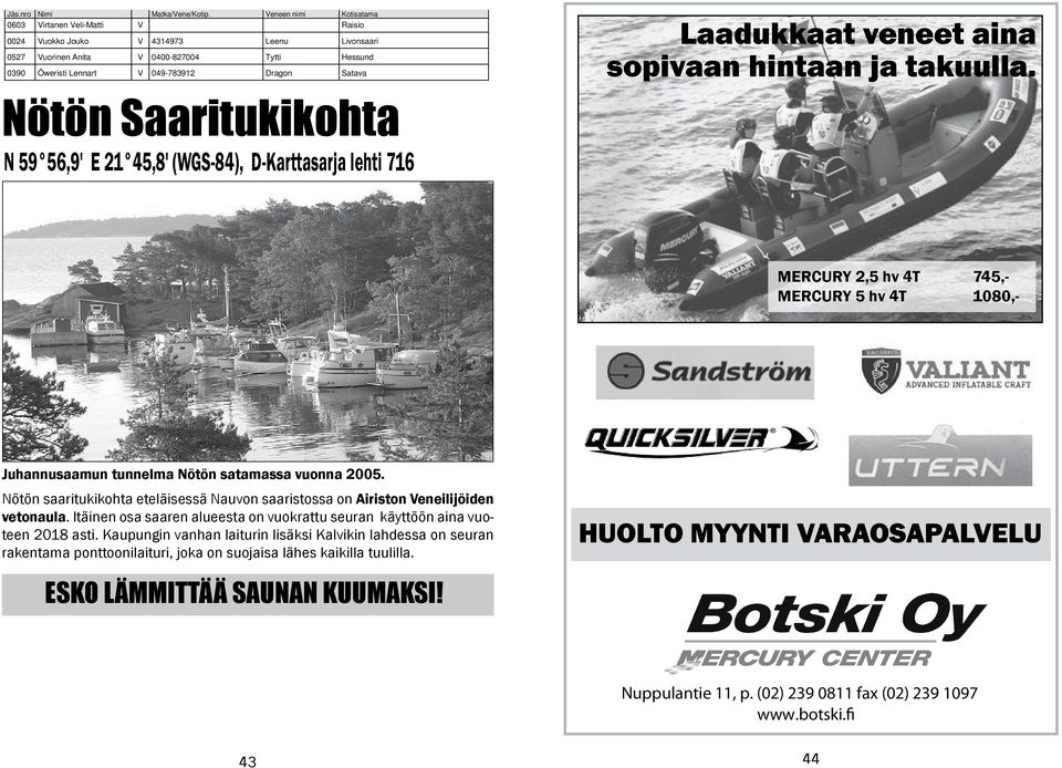 Nötön Saaritukikohta N 59 56,9' E 21 45,8' (WGS-84), D-Karttasarja lehti 716 Laadukkaat veneet aina sopivaan hintaan ja takuulla.