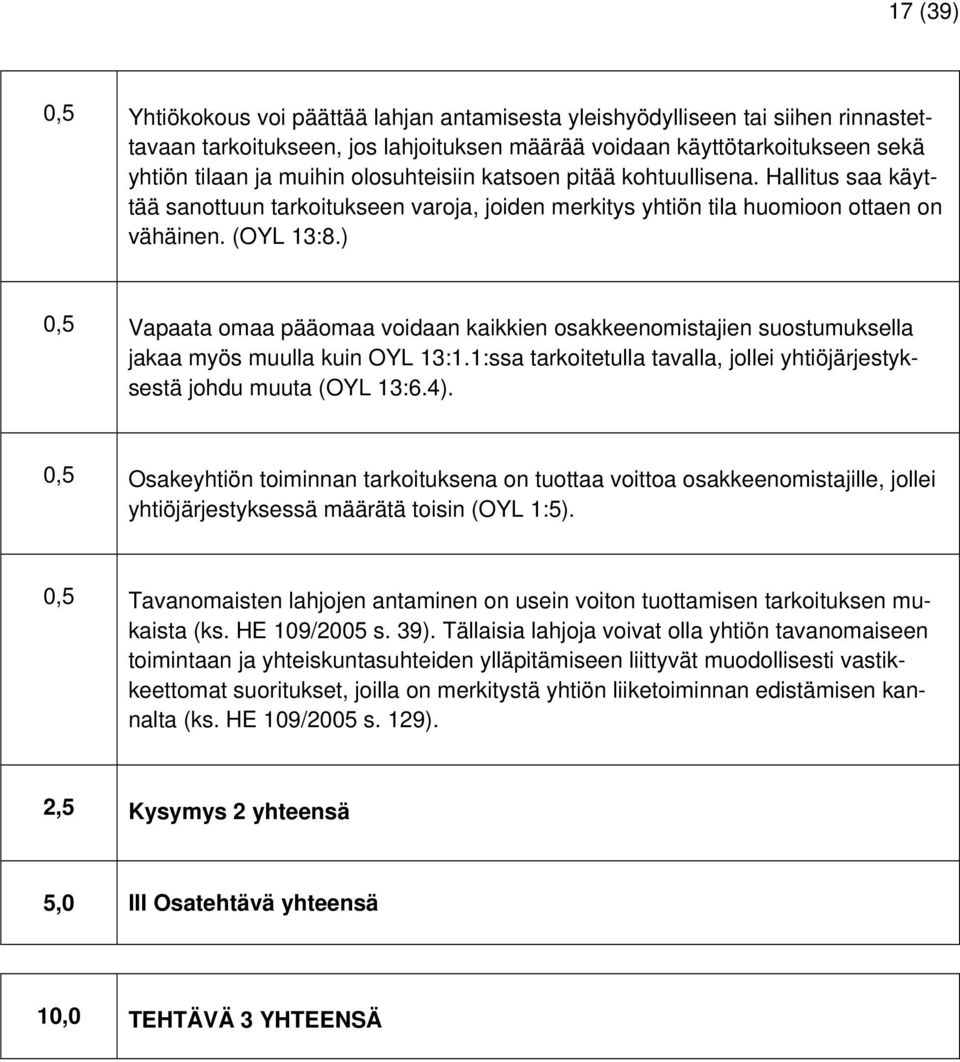 ) 0,5 Vapaata omaa pääomaa voidaan kaikkien osakkeenomistajien suostumuksella jakaa myös muulla kuin OYL 13:1.1:ssa tarkoitetulla tavalla, jollei yhtiöjärjestyksestä johdu muuta (OYL 13:6.4).