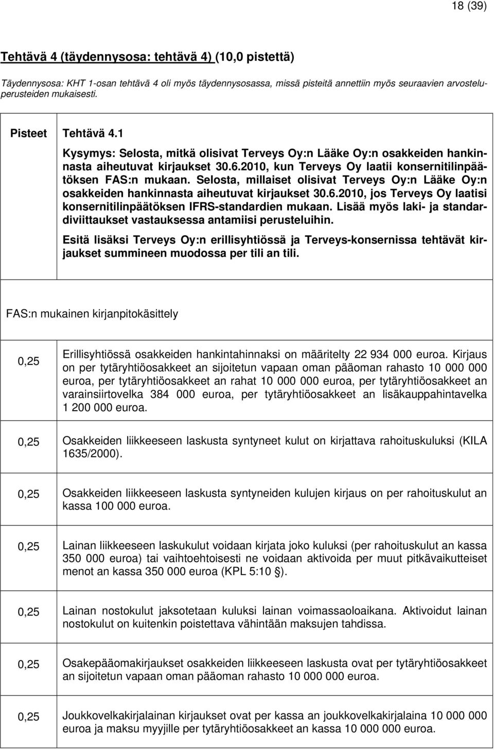 Selosta, millaiset olisivat Terveys Oy:n Lääke Oy:n osakkeiden hankinnasta aiheutuvat kirjaukset 30.6.2010, jos Terveys Oy laatisi konsernitilinpäätöksen IFRS-standardien mukaan.