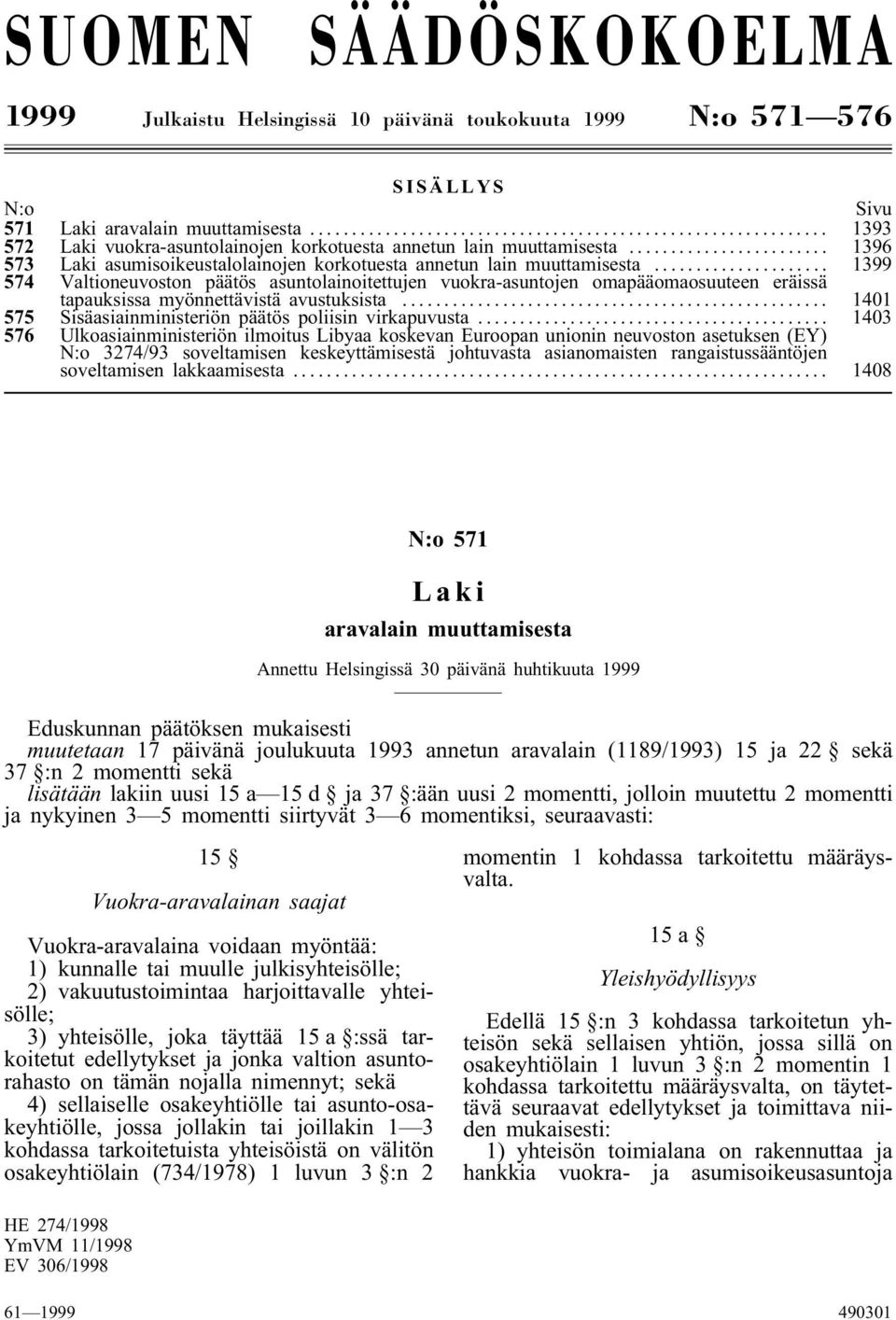 .. 1399 574 Valtioneuvoston päätös asuntolainoitettujen vuokra-asuntojen omapääomaosuuteen eräissä tapauksissa myönnettävistä avustuksista... 1401 575 Sisäasiainministeriön päätös poliisin virkapuvusta.