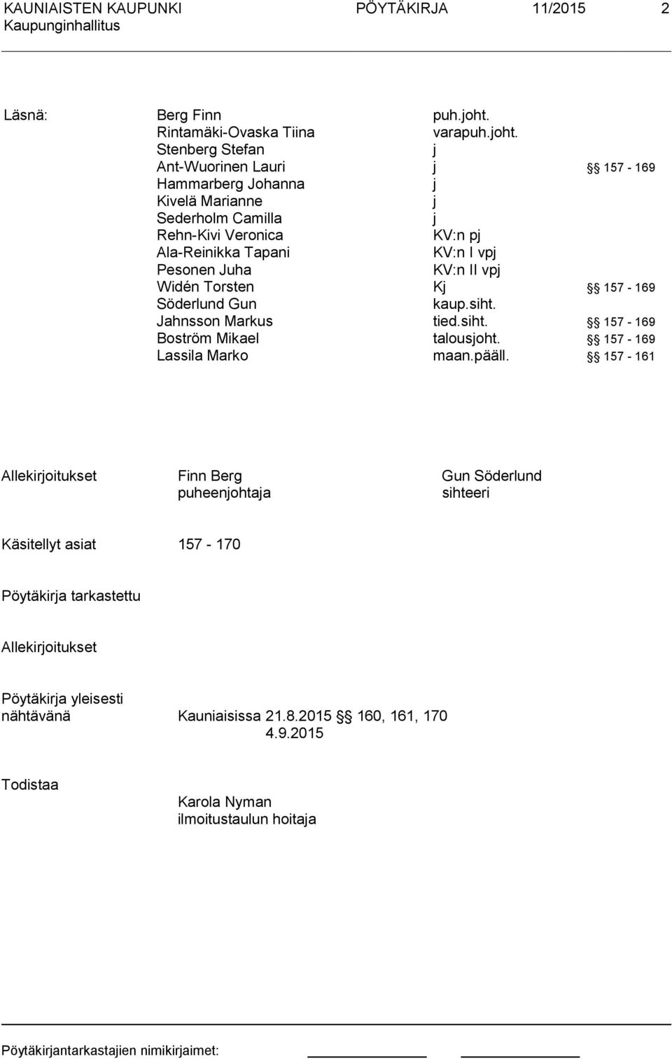 Stenberg Stefan j Ant-Wuorinen Lauri j 157-169 Hammarberg Johanna j Kivelä Marianne j Sederholm Camilla j Rehn-Kivi Veronica KV:n pj Ala-Reinikka Tapani KV:n I vpj