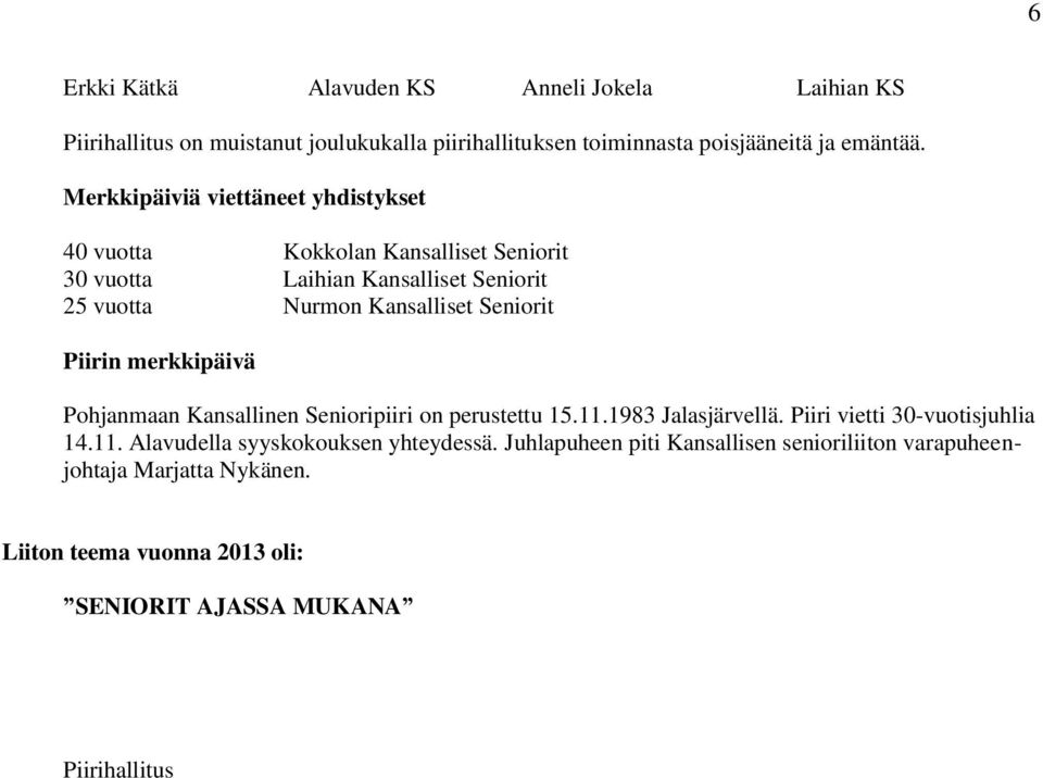 Piirin merkkipäivä Pohjanmaan Kansallinen Senioripiiri on perustettu 15.11.1983 Jalasjärvellä. Piiri vietti 30-vuotisjuhlia 14.11. Alavudella syyskokouksen yhteydessä.