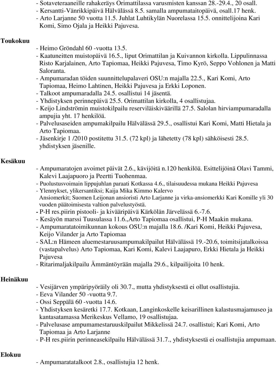 Lippulinnassa Risto Karjalainen, Arto Tapiomaa, Heikki Pajuvesa, Timo Kyrö, Seppo Vohlonen ja Matti Saloranta. - Ampumaradan töiden suunnittelupalaveri OSU:n majalla 22.5.