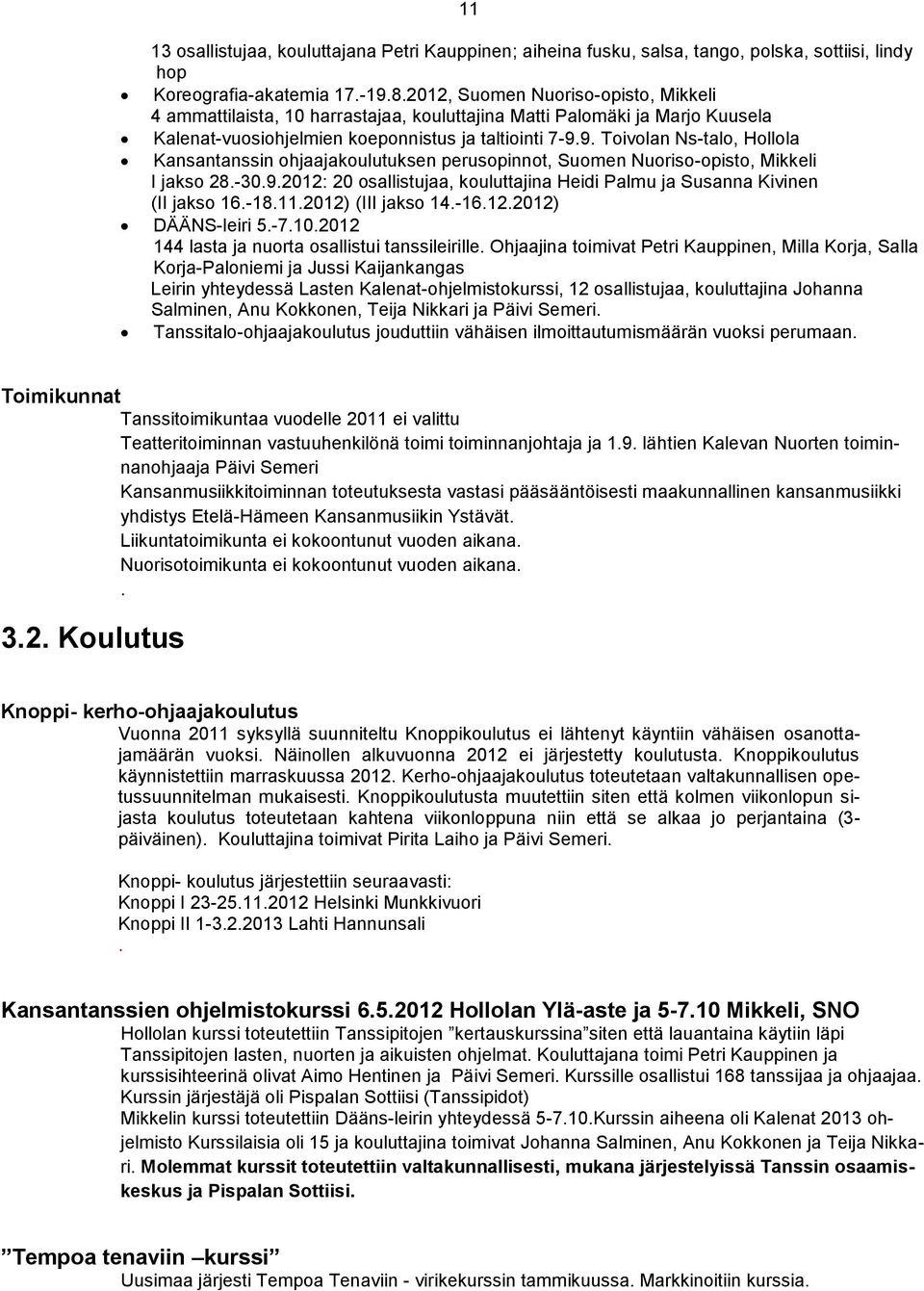 9. Toivolan Ns-talo, Hollola Kansantanssin ohjaajakoulutuksen perusopinnot, Suomen Nuoriso-opisto, Mikkeli I jakso 28.-30.9.2012: 20 osallistujaa, kouluttajina Heidi Palmu ja Susanna Kivinen (II jakso 16.