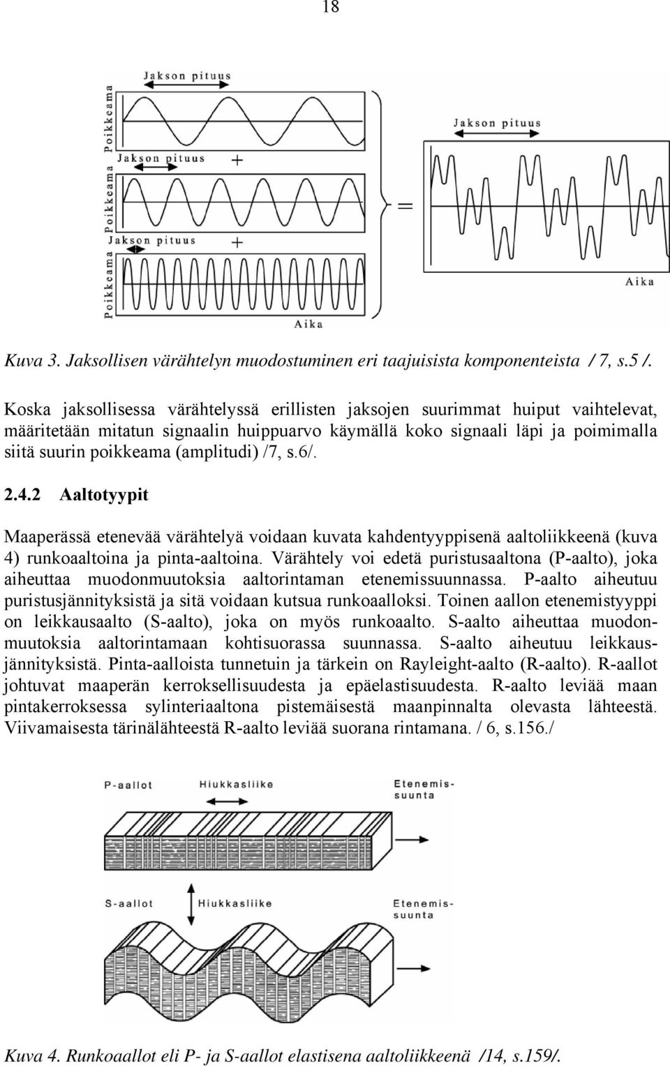 (amplitudi) /7, s.6/. 2.4.2 Aaltotyypit Maaperässä etenevää värähtelyä voidaan kuvata kahdentyyppisenä aaltoliikkeenä (kuva 4) runkoaaltoina ja pinta-aaltoina.