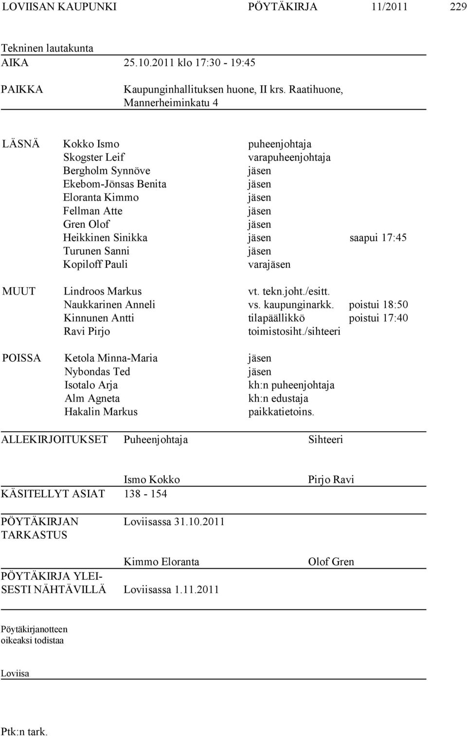 Heikkinen Sinikka jäsen saapui 17:45 Turunen Sanni jäsen Kopiloff Pauli varajäsen MUUT Lindroos Markus vt. tekn.joht./esitt. Naukkarinen Anneli vs. kaupunginarkk.