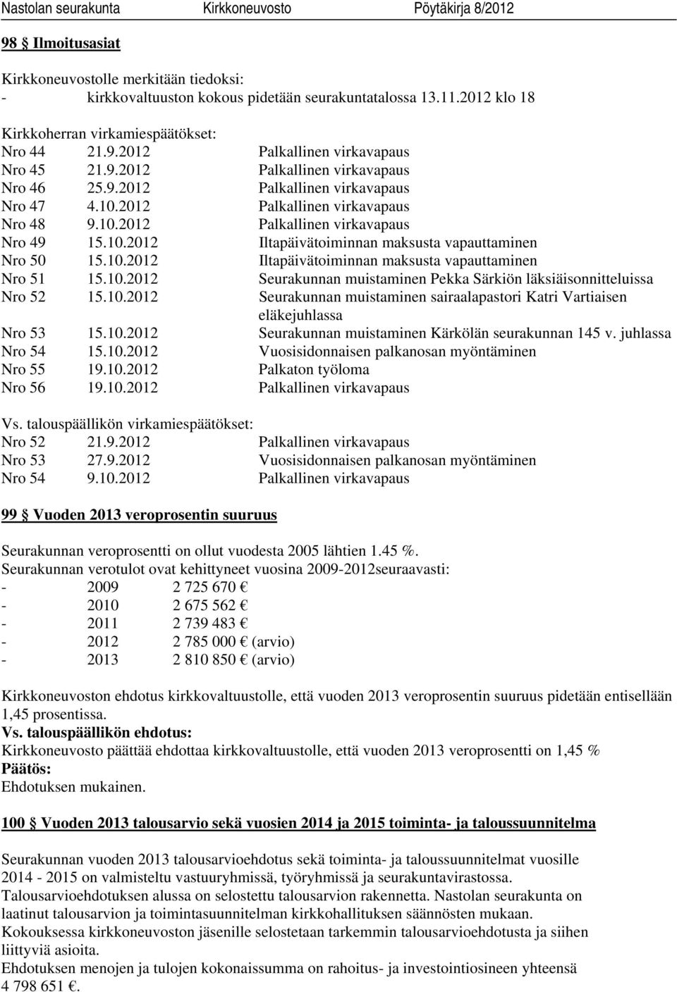 10.2012 Iltapäivätoiminnan maksusta vapauttaminen Nro 51 15.10.2012 Seurakunnan muistaminen Pekka Särkiön läksiäisonnitteluissa Nro 52 15.10.2012 Seurakunnan muistaminen sairaalapastori Katri Vartiaisen eläkejuhlassa Nro 53 15.