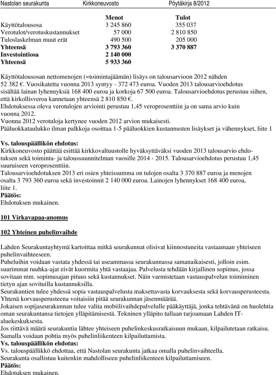 Vuoden 2013 talousarvioehdotus sisältää lainan lyhennyksiä 168 400 euroa ja korkoja 67 500 euroa. Talousarvioehdotus perustuu siihen, että kirkollisveroa kannetaan yhteensä 2 810 850.