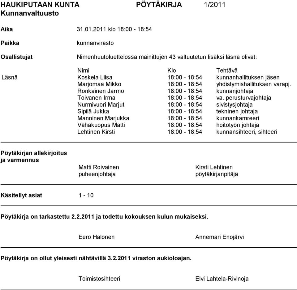 2011 klo 18:00-18:54 Paikka Osallistujat kunnanvirasto Nimenhuutoluettelossa mainittujen 43 valtuutetun lisäksi läsnä olivat: Nimi Klo Tehtävä Läsnä Koskela Liisa 18:00-18:54 kunnanhallituksen jäsen