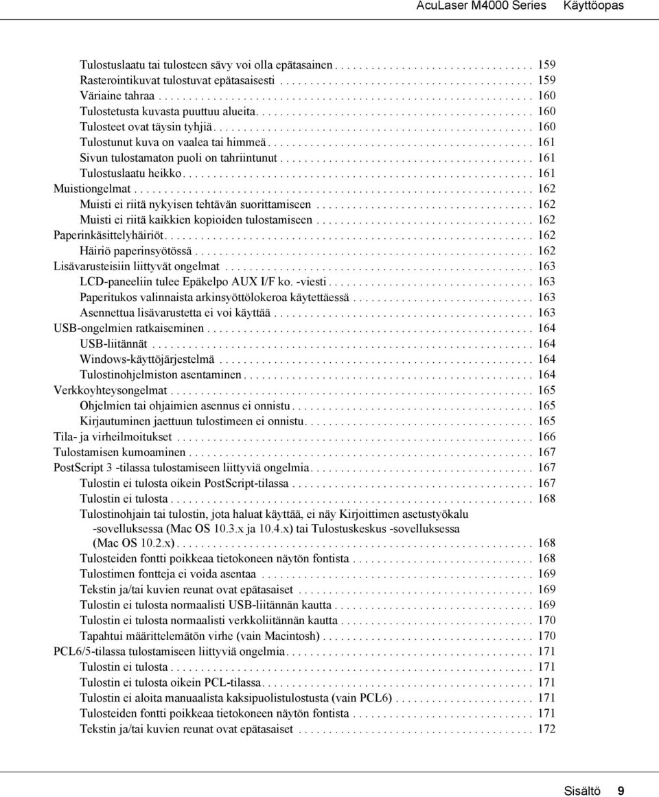 .................................................... 160 Tulostunut kuva on vaalea tai himmeä............................................ 161 Sivun tulostamaton puoli on tahriintunut.