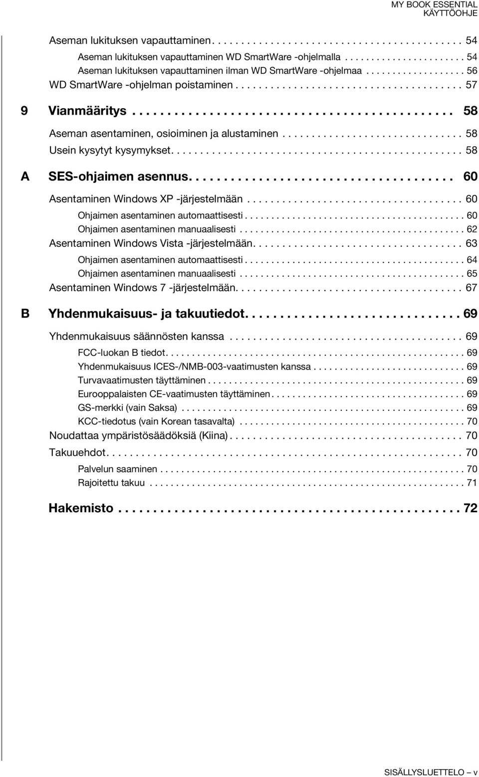 .............................. 58 Usein kysytyt kysymykset.................................................. 58 A SES-ohjaimen asennus...................................... 60 Asentaminen Windows XP -järjestelmään.