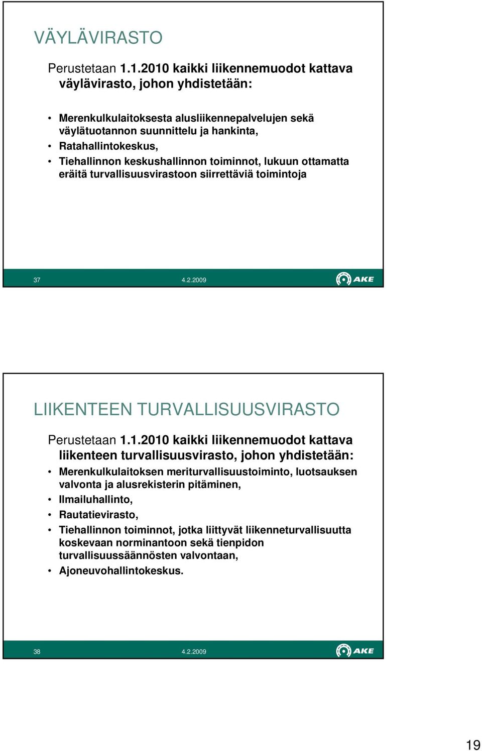 Tiehallinnon keskushallinnon toiminnot, lukuun ottamatta eräitä turvallisuusvirastoon siirrettäviä toimintoja 37 LIIKENTEEN TURVALLISUUSVIRASTO Perustetaan 1.