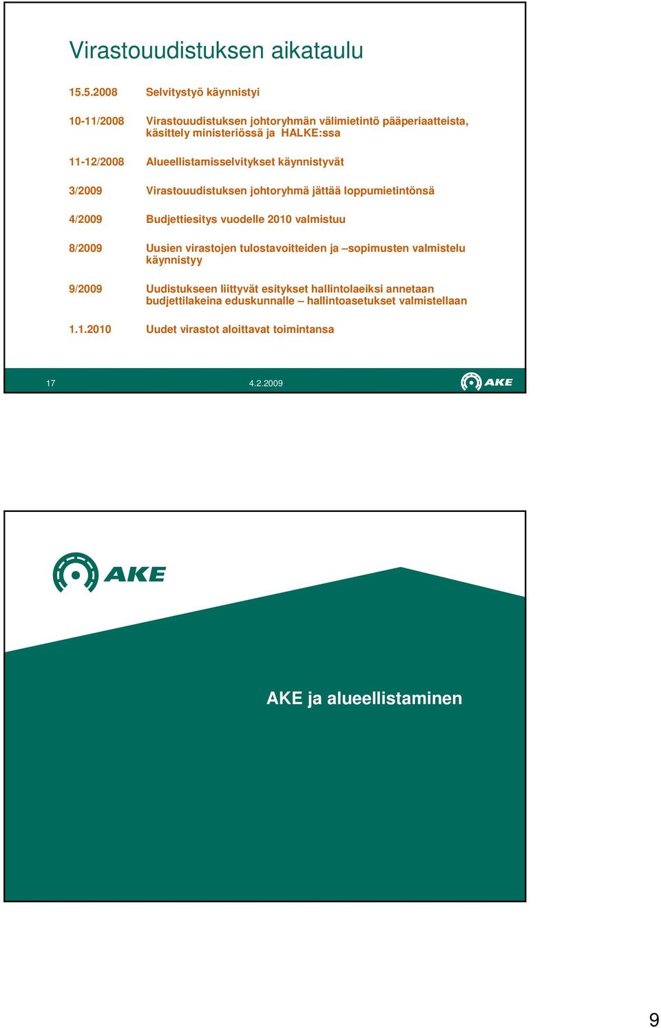 Alueellistamisselvitykset käynnistyvät 3/2009 Virastouudistuksen johtoryhmä jättää loppumietintönsä 4/2009 Budjettiesitys vuodelle 2010 valmistuu 8/2009