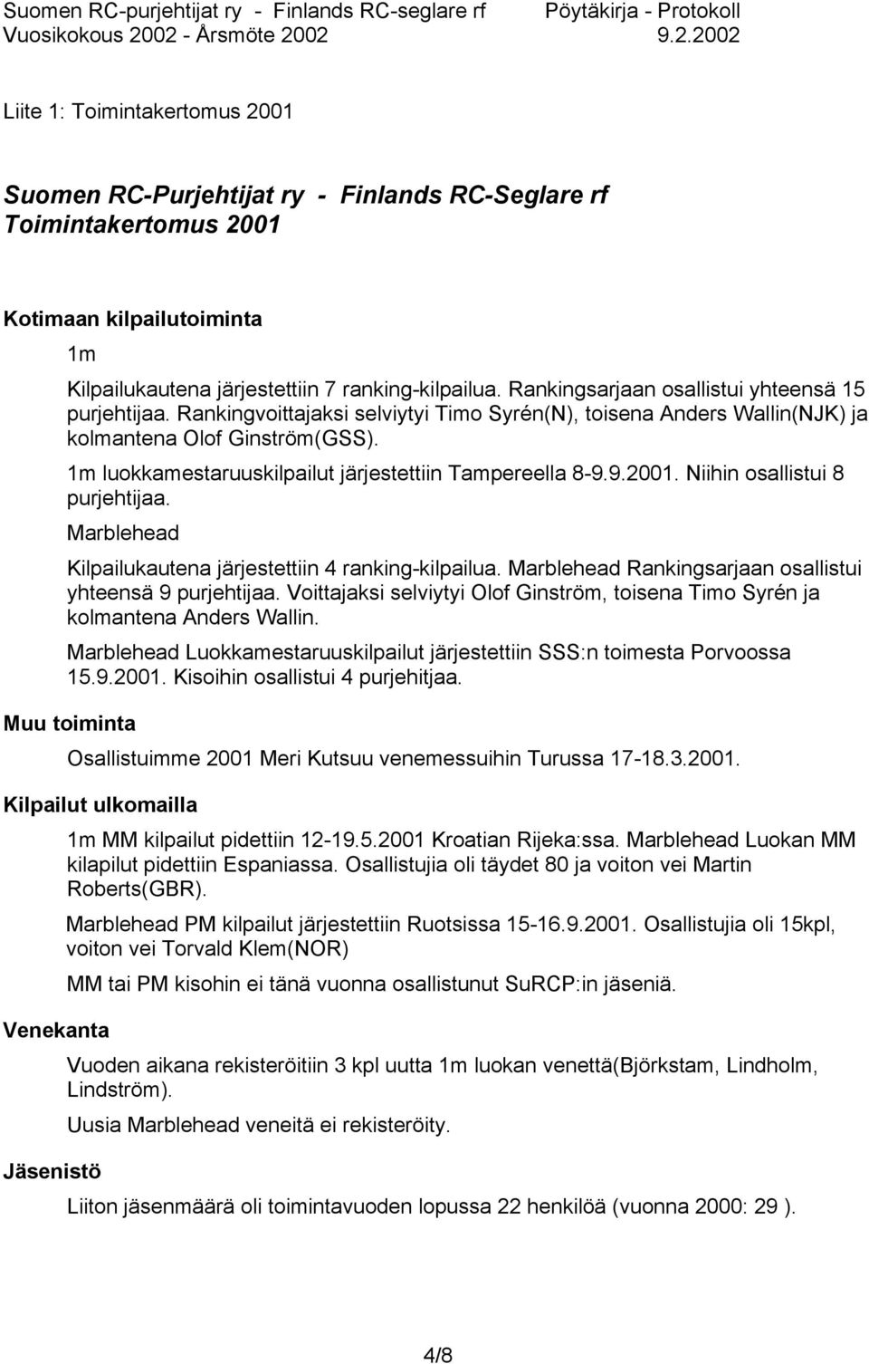 1m luokkamestaruuskilpailut järjestettiin Tampereella 8-9.9.2001. Niihin osallistui 8 purjehtijaa. Marblehead Kilpailukautena järjestettiin 4 ranking-kilpailua.