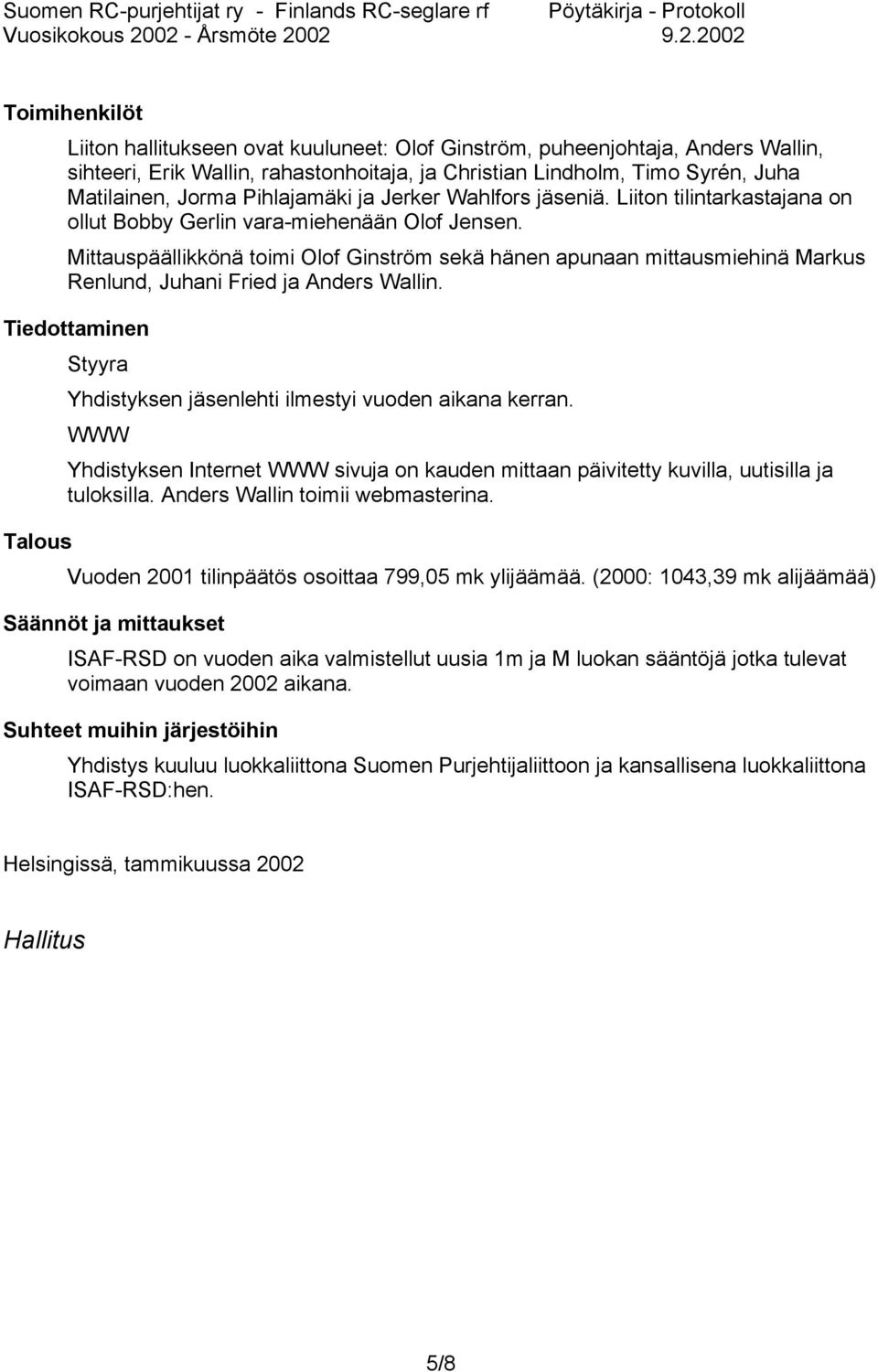 Mittauspäällikkönä toimi Olof Ginström sekä hänen apunaan mittausmiehinä Markus Renlund, Juhani Fried ja Anders Wallin. Tiedottaminen Styyra Yhdistyksen jäsenlehti ilmestyi vuoden aikana kerran.