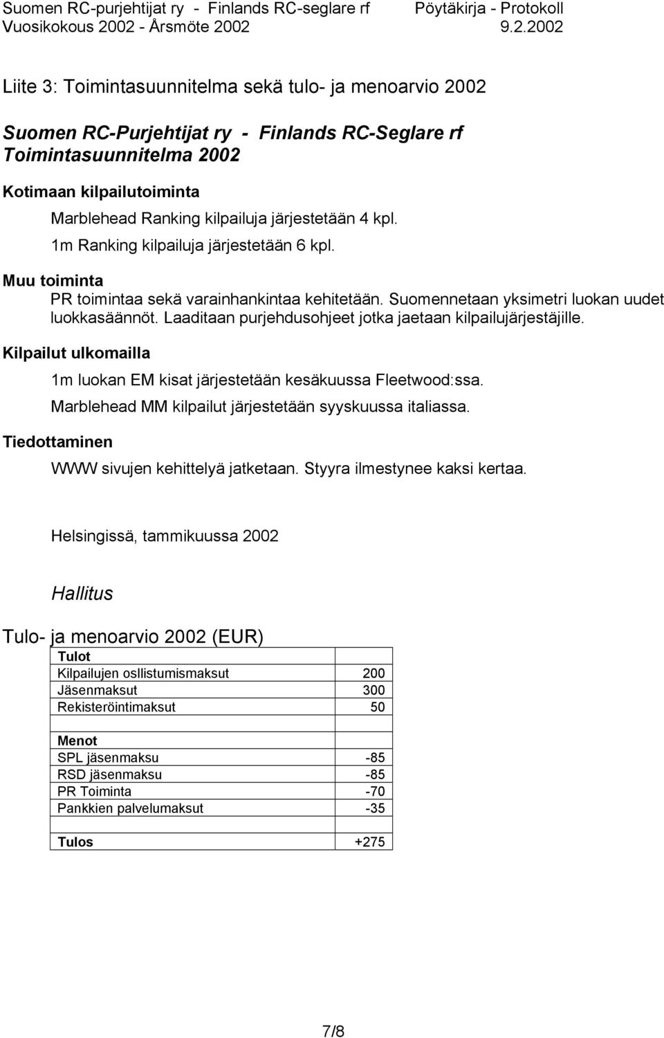 Laaditaan purjehdusohjeet jotka jaetaan kilpailujärjestäjille. Kilpailut ulkomailla 1m luokan EM kisat järjestetään kesäkuussa Fleetwood:ssa. Marblehead MM kilpailut järjestetään syyskuussa italiassa.