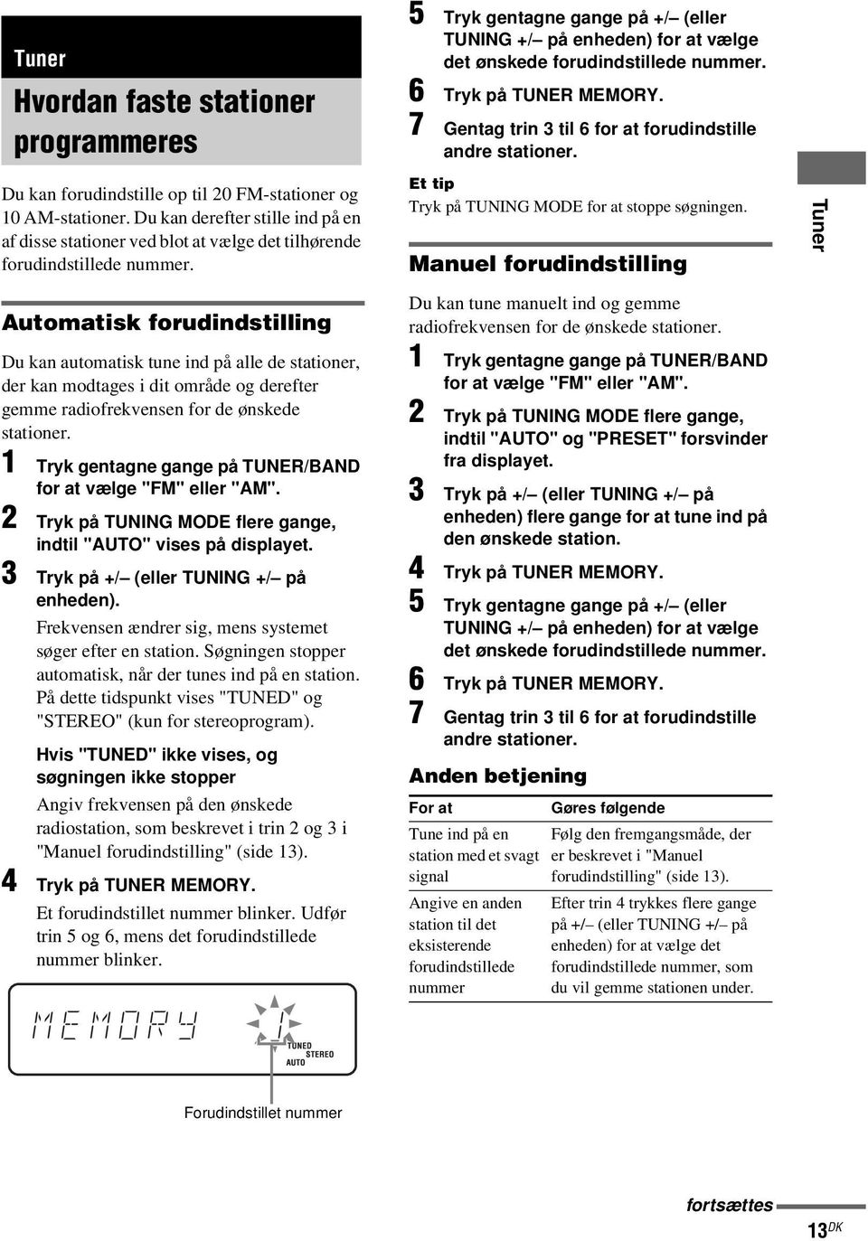 Du kan derefter stille ind på en af disse stationer ved blot at vælge det tilhørende forudindstillede nummer. Et tip Tryk på TUNING MODE for at stoppe søgningen.