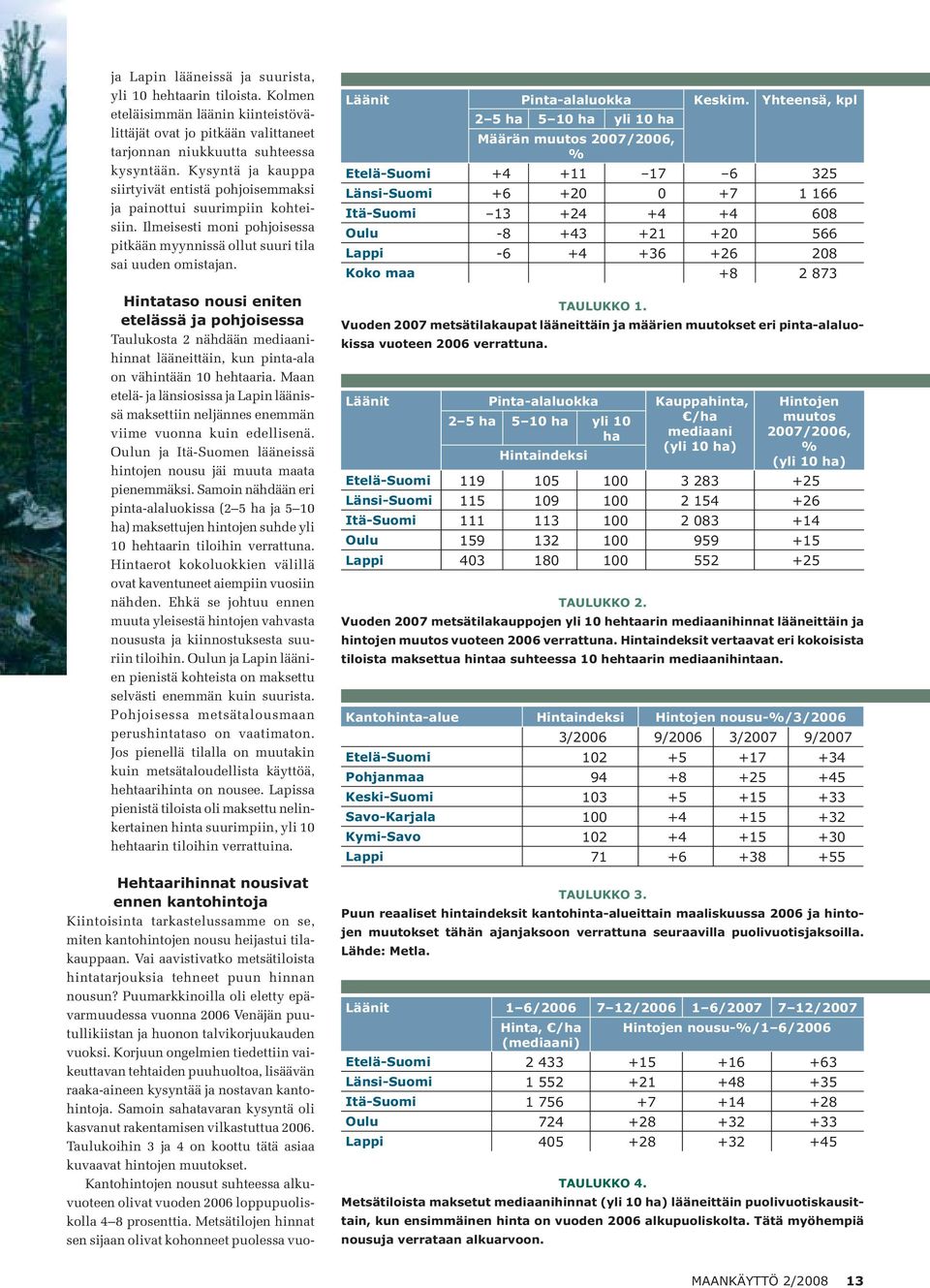 Hintataso nousi eniten etelässä ja pohjoisessa Taulukosta 2 nähdään mediaanihinnat lääneittäin, kun pinta-ala on vähintään 10 hehtaaria.