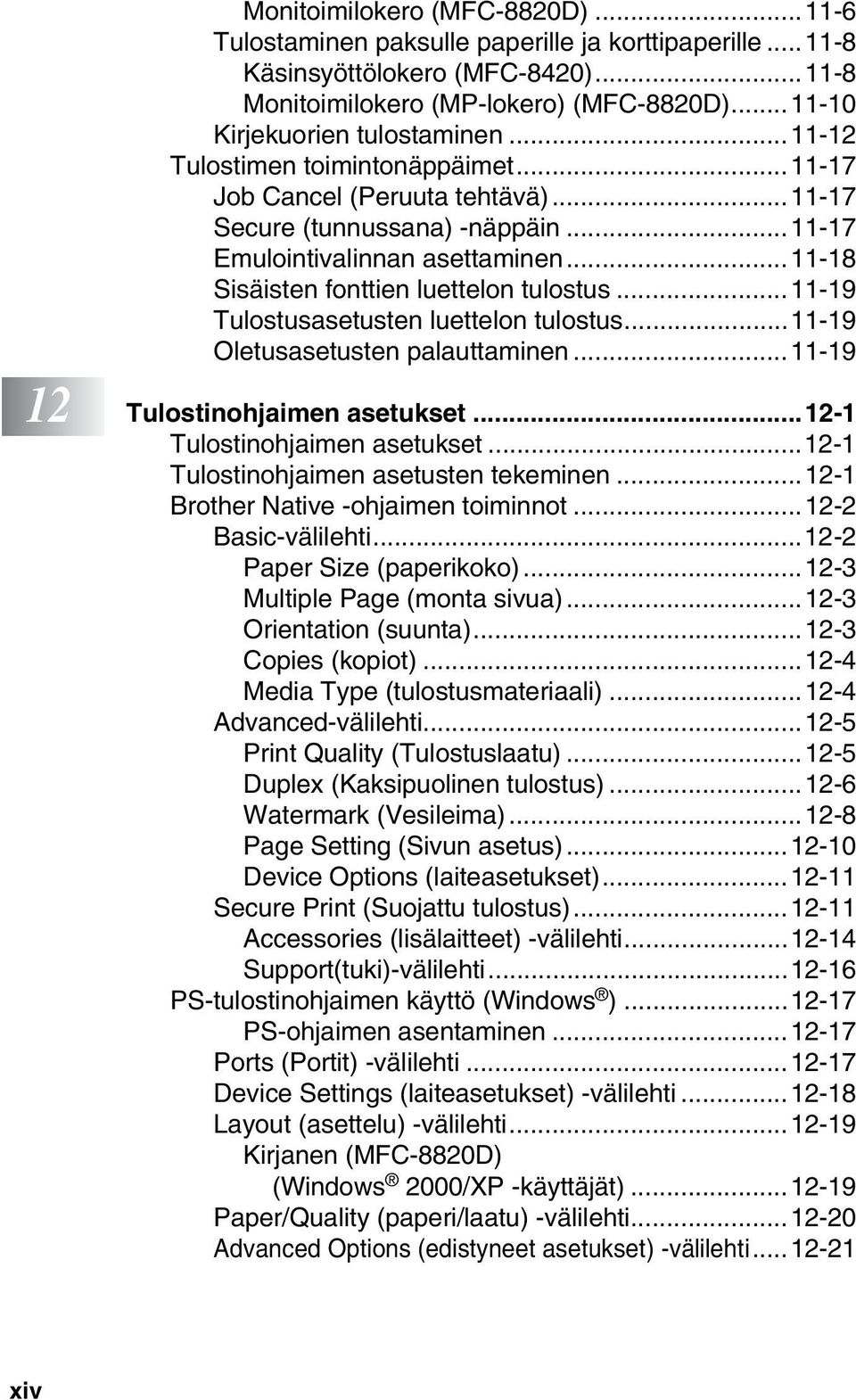 ..11-18 Sisäisten fonttien luettelon tulostus...11-19 Tulostusasetusten luettelon tulostus...11-19 Oletusasetusten palauttaminen...11-19 12 Tulostinohjaimen asetukset...12-1 Tulostinohjaimen asetukset.