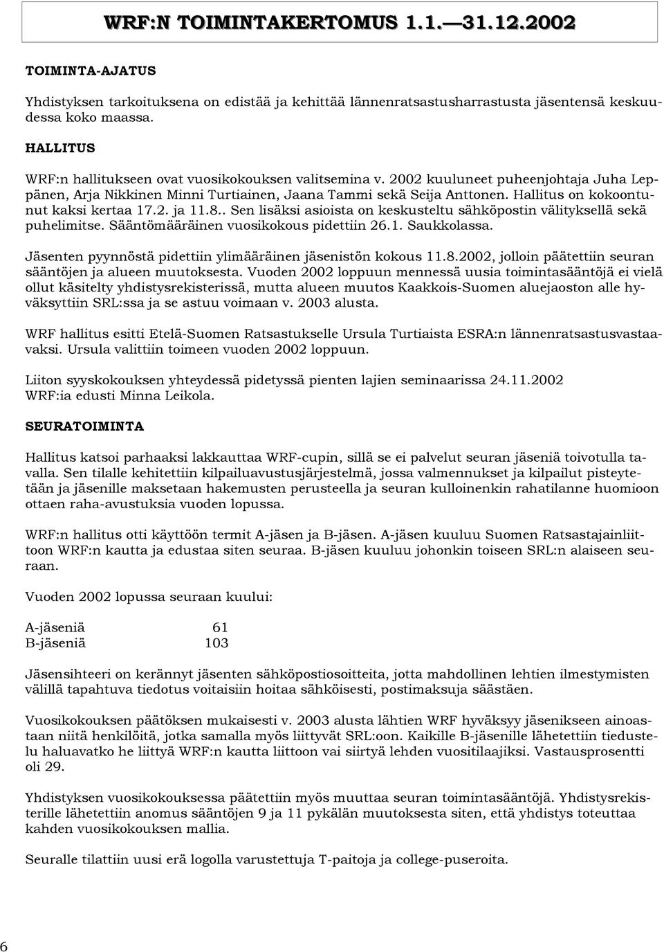 Hallitus on kokoontunut kaksi kertaa 17.2. ja 11.8.. Sen lisäksi asioista on keskusteltu sähköpostin välityksellä sekä puhelimitse. Sääntömääräinen vuosikokous pidettiin 26.1. Saukkolassa.