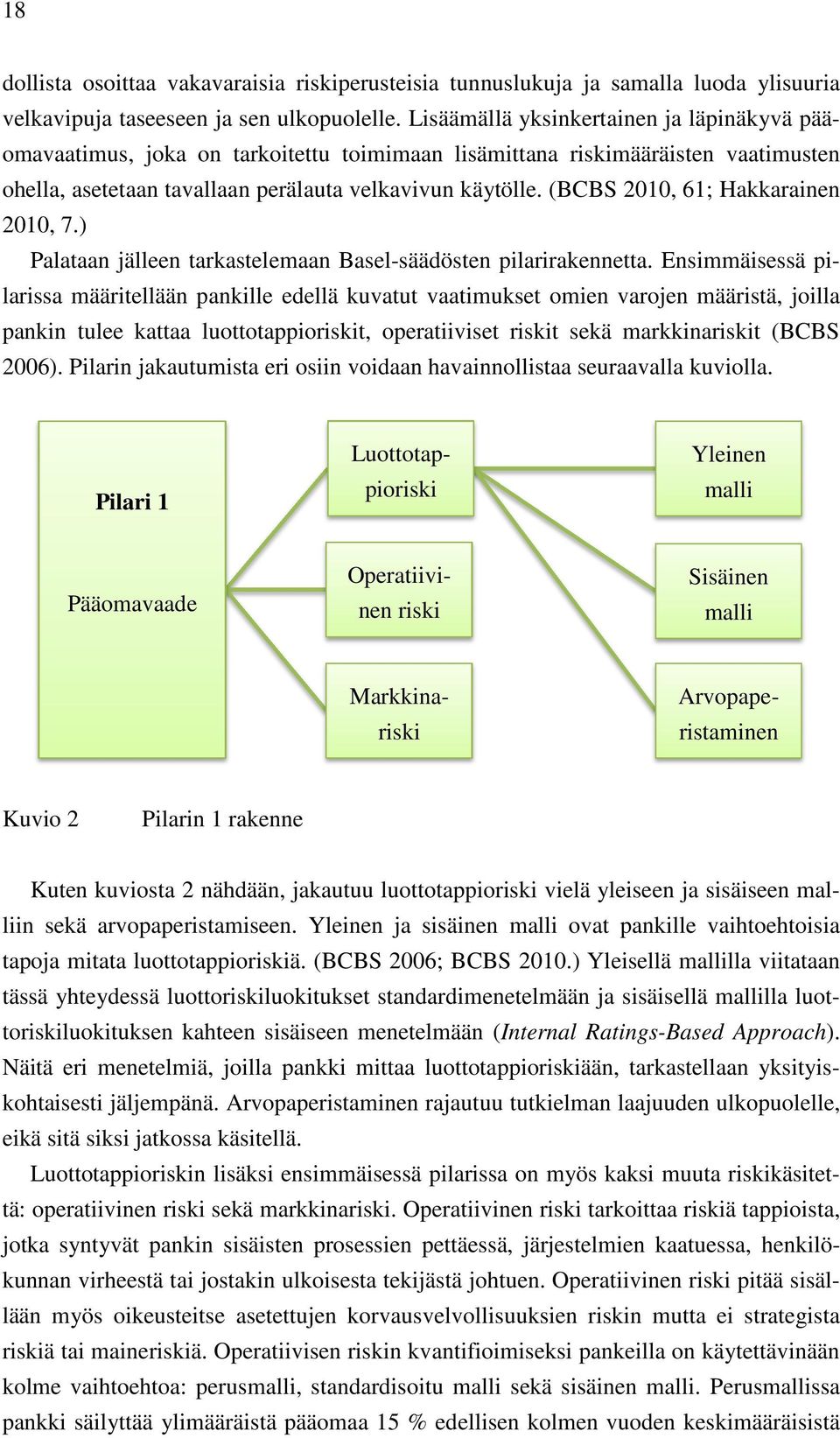 (BCBS 2010, 61; Hakkarainen 2010, 7.) Palataan jälleen tarkastelemaan Basel-säädösten pilarirakennetta.