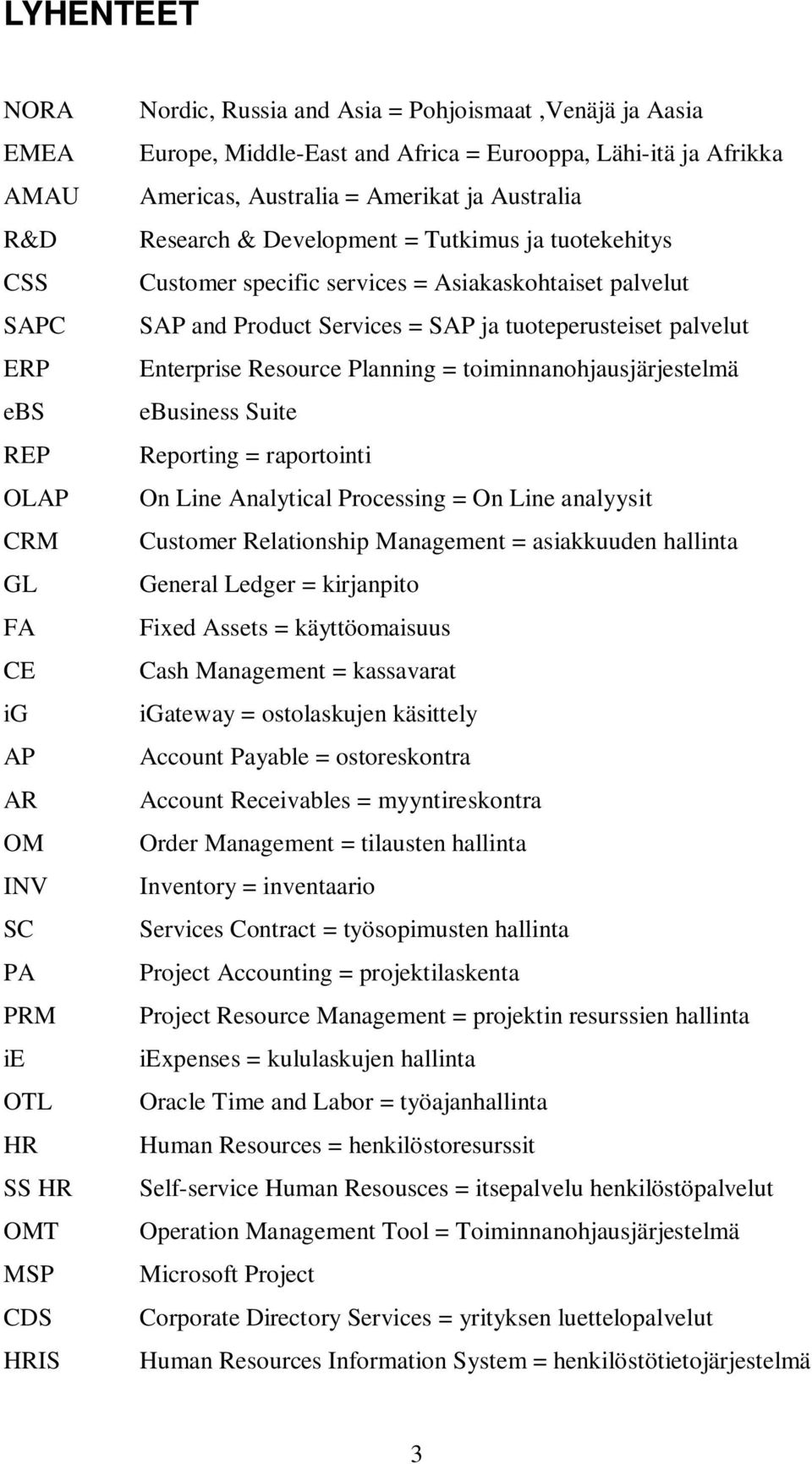 palvelut SAP and Product Services = SAP ja tuoteperusteiset palvelut Enterprise Resource Planning = toiminnanohjausjärjestelmä ebusiness Suite Reporting = raportointi On Line Analytical Processing =