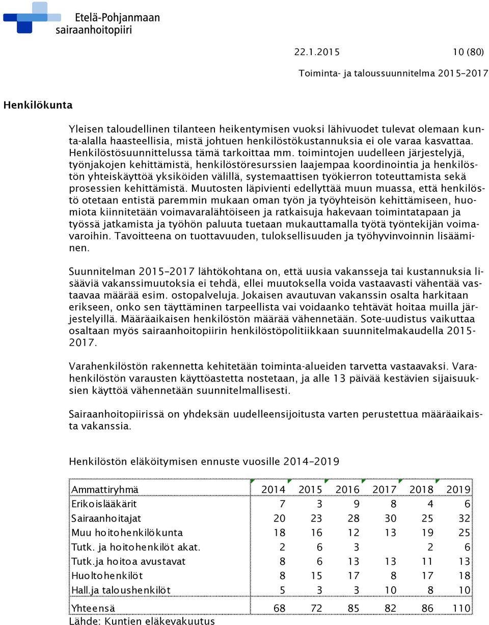 toimintojen uudelleen järjestelyjä, työnjakojen kehittämistä, henkilöstöresurssien laajempaa koordinointia ja henkilöstön yhteiskäyttöä yksiköiden välillä, systemaattisen työkierron toteuttamista