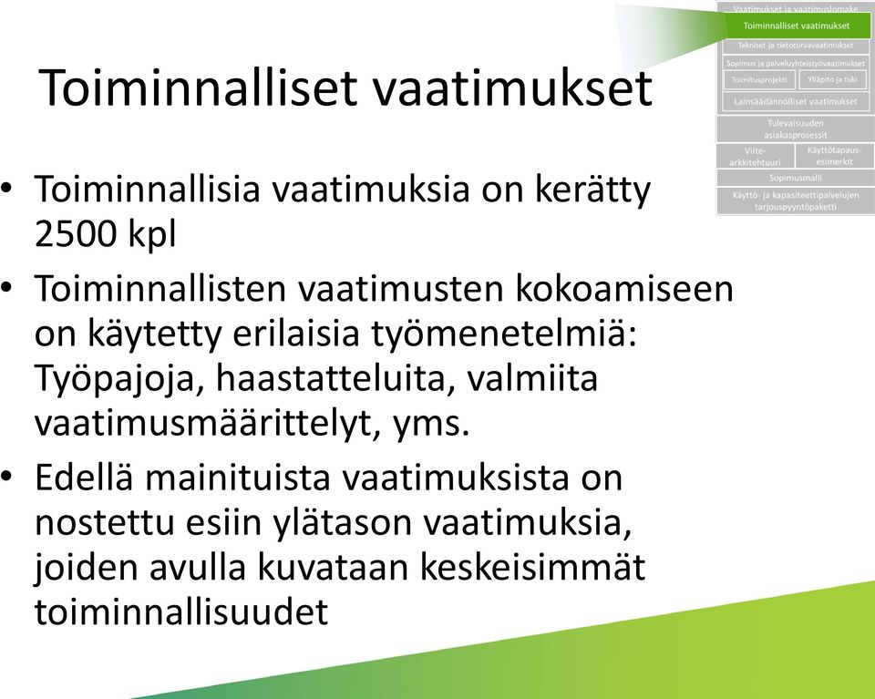Työpajoja, haastatteluita, valmiita vaatimusmäärittelyt, yms.