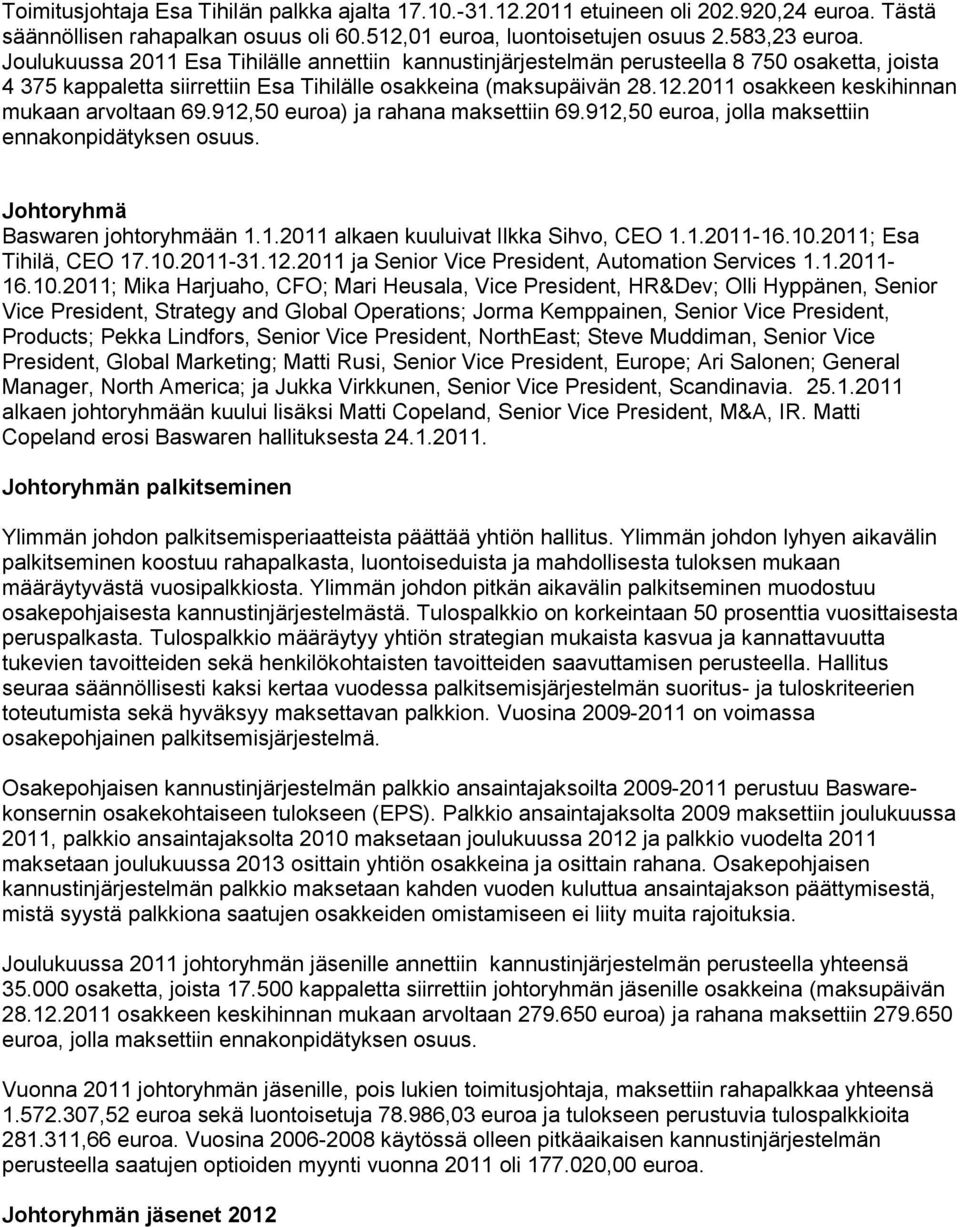 2011 osakkeen keskihinnan mukaan arvoltaan 69.912,50 euroa) ja rahana maksettiin 69.912,50 euroa, jolla maksettiin ennakonpidätyksen osuus. Johtoryhmä Baswaren johtoryhmään 1.1.2011 alkaen kuuluivat Ilkka Sihvo, CEO 1.