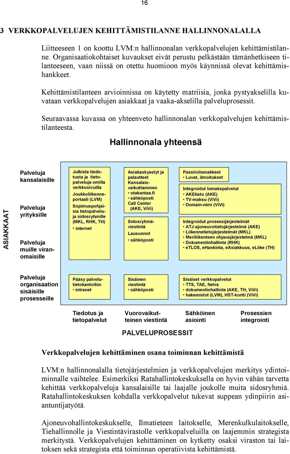 Kehittämistilanteen arvioinnissa on käytetty matriisia, jonka pystyakselilla kuvataan verkkopalvelujen asiakkaat ja vaaka-akselilla palveluprosessit.