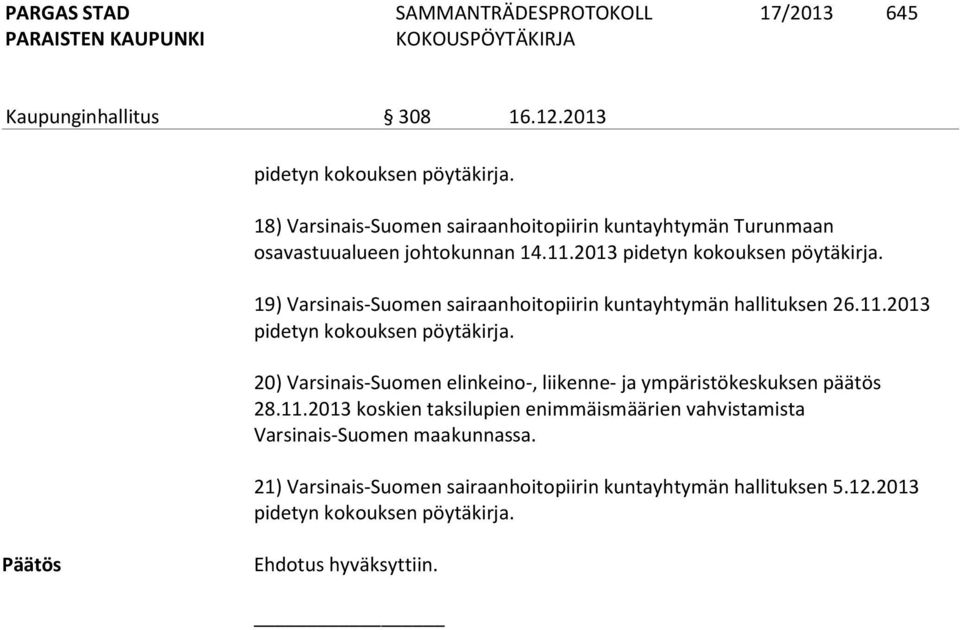 19) Varsinais-Suomen sairaanhoitopiirin kuntayhtymän hallituksen 26.11.2013 pidetyn kokouksen pöytäkirja.