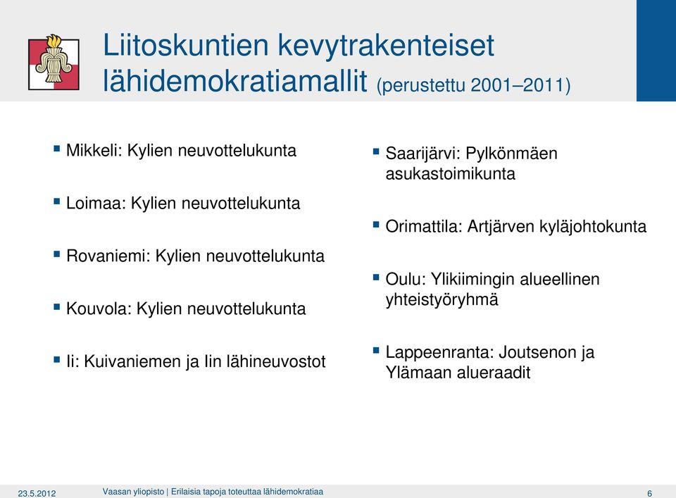 lähineuvostot Saarijärvi: Pylkönmäen asukastoimikunta Orimattila: Artjärven kyläjohtokunta Oulu: Ylikiimingin