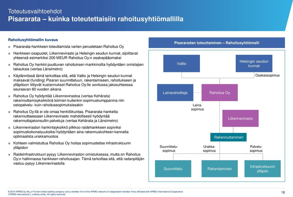 takauksia (vertaa Länsimetro) Käytännössä tämä tarkoittaa sitä, että Valtio ja Helsingin seudun kunnat maksavat (funding) Pisaran suunnitteluun, rakentamiseen, rahoitukseen ja ylläpitoon liittyvät