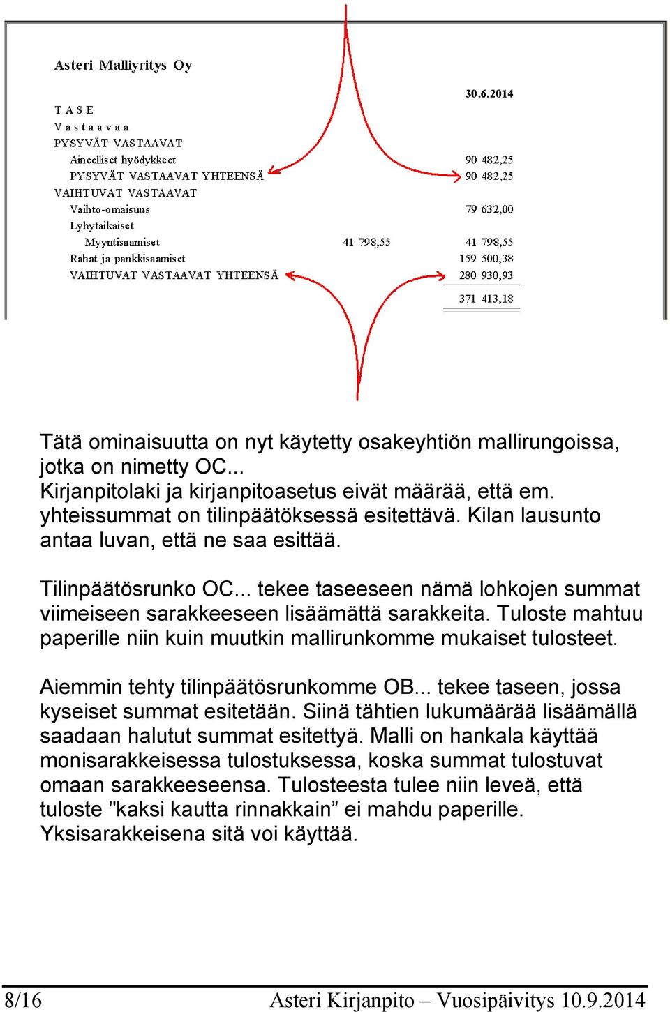 Tuloste mahtuu paperille niin kuin muutkin mallirunkomme mukaiset tulosteet. Aiemmin tehty tilinpäätösrunkomme OB... tekee taseen, jossa kyseiset summat esitetään.