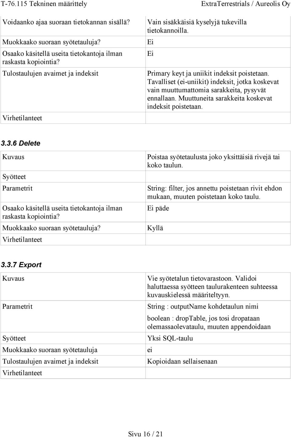 Tavalliset (ei-uniikit) indeksit, jotka koskevat vain muuttumattomia sarakkeita, pysyvät ennallaan. Muuttuneita sarakkeita koskevat indeksit poistetaan. 3.