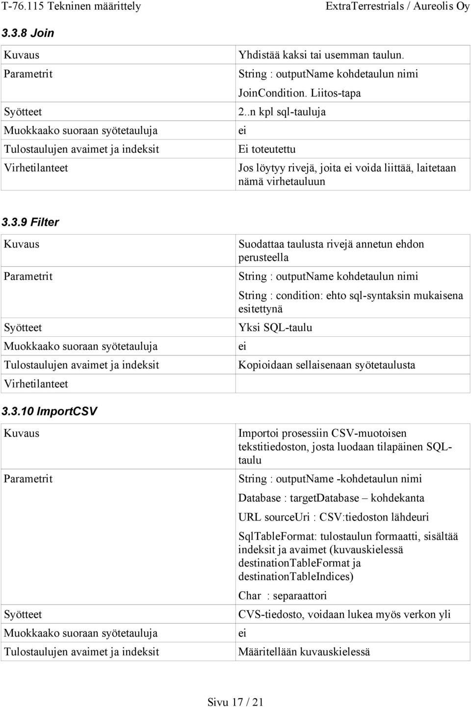 3.9 Filter Kuvaus Parametrit Syötteet Muokkaako suoraan syötetauluja Tulostaulujen avaimet ja indeksit Virhetilanteet Suodattaa taulusta rivejä annetun ehdon perusteella String : outputname