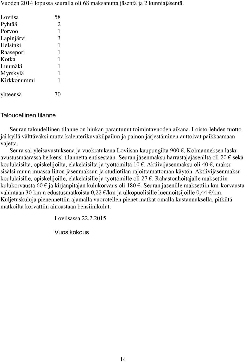 toimintavuoden aikana. Loisto-lehden tuotto jäi kyllä välttäväksi mutta kalenterikuvakilpailun ja painon järjestäminen auttoivat paikkaamaan vajetta.