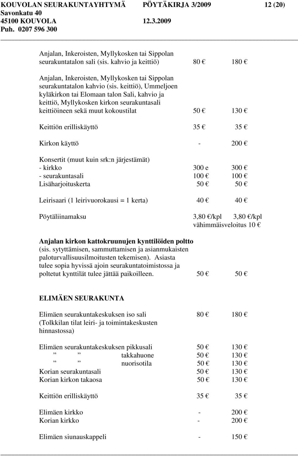 keittiö), Ummeljoen kyläkirkon tai Elomaan talon Sali, kahvio ja keittiö, Myllykosken kirkon seurakuntasali keittiöineen sekä muut kokoustilat 50 130 Keittiön erilliskäyttö 35 35 Kirkon käyttö - 200