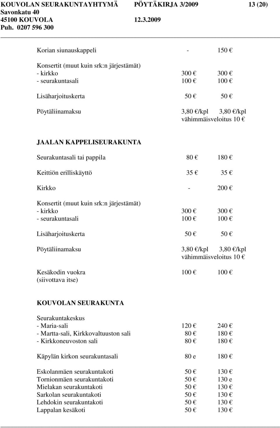 kirkko 300 300 - seurakuntasali 100 100 Lisäharjoituskerta 50 50 Pöytäliinamaksu 3,80 /kpl 3,80 /kpl vähimmäisveloitus 10 Kesäkodin vuokra 100 100 (siivottava itse) KOUVOLAN SEURAKUNTA