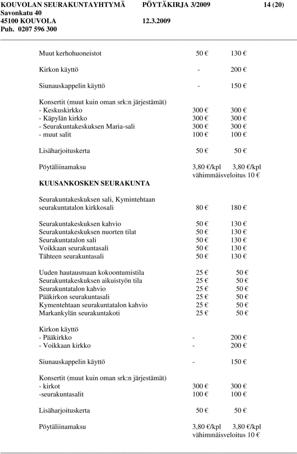 Seurakuntakeskuksen sali, Kymintehtaan seurakuntatalon kirkkosali 80 180 Seurakuntakeskuksen kahvio 50 130 Seurakuntakeskuksen nuorten tilat 50 130 Seurakuntatalon sali 50 130 Voikkaan seurakuntasali
