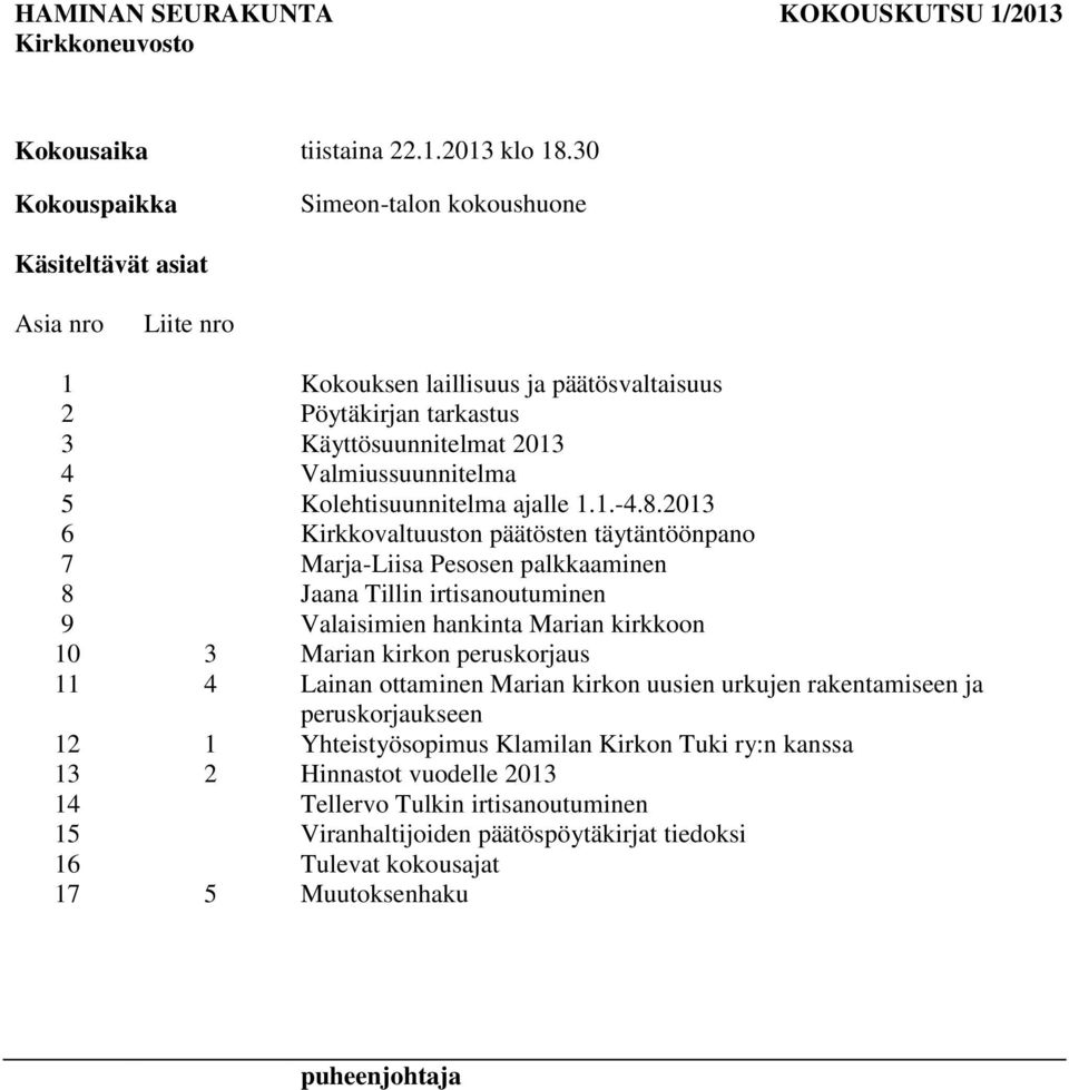 Kolehtisuunnitelma ajalle 1.1.-4.8.