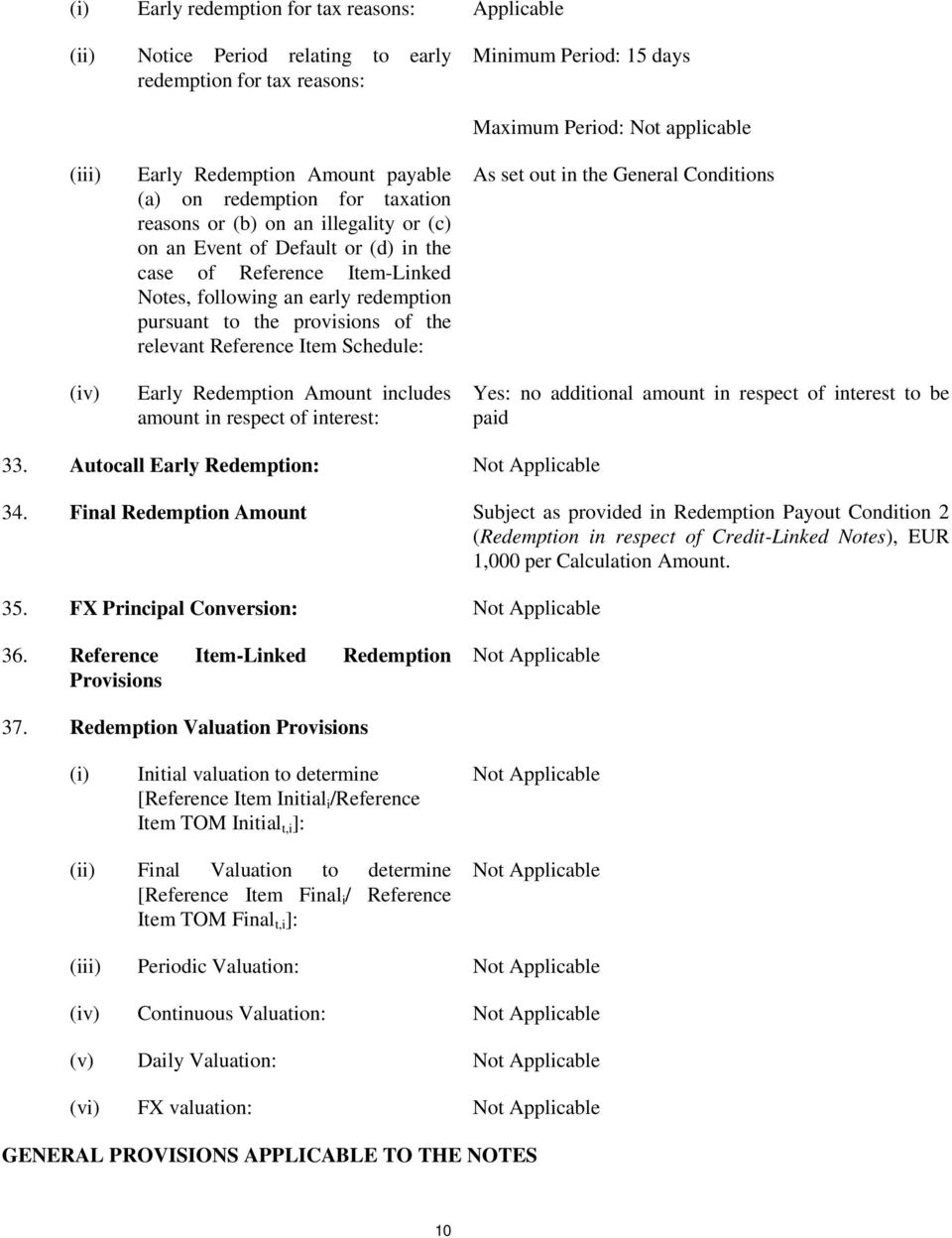 Reference Item Schedule: Early Redemption Amount includes amount in respect of interest: Maximum Period: Not applicable As set out in the General Conditions Yes: no additional amount in respect of
