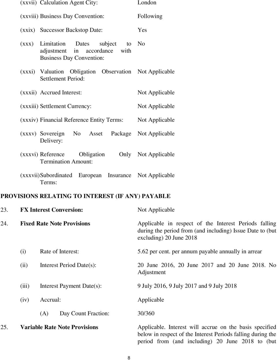 (xxxvi) Reference Obligation Only Termination Amount: (xxxvii) Subordinated European Insurance Terms: London Following Yes No PROVISIONS RELATING TO INTEREST (IF ANY) PAYABLE 23.